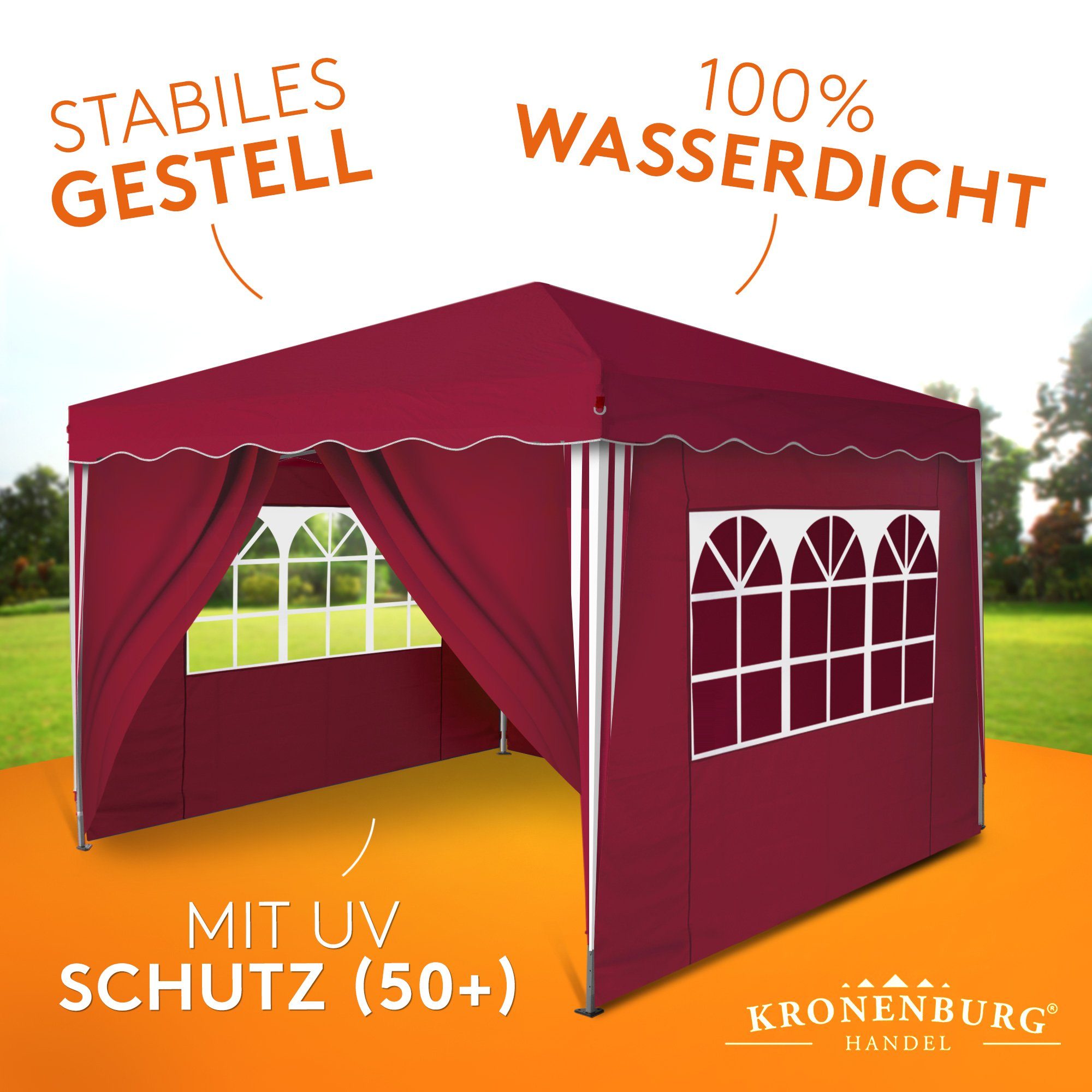 Kronenburg Faltpavillon 3x3 m wasserdicht - Gartenpavillon, Partyzelt stabil, UV-Schutz 50+, mit 4 Seitenteilen, Wetterfester Schutz, Leichter Aufbau, Inklusive – Bild 4 von 5
