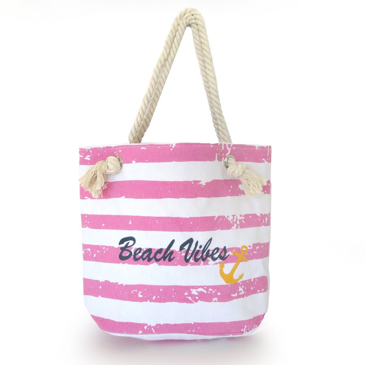 Sonia Originelli Umhängetasche Shopper "Beach Vibes" Vintage Strand Sommer Tasche Streifen Anker, kleine Innentasche mit Reißverschluss rosa-weiss