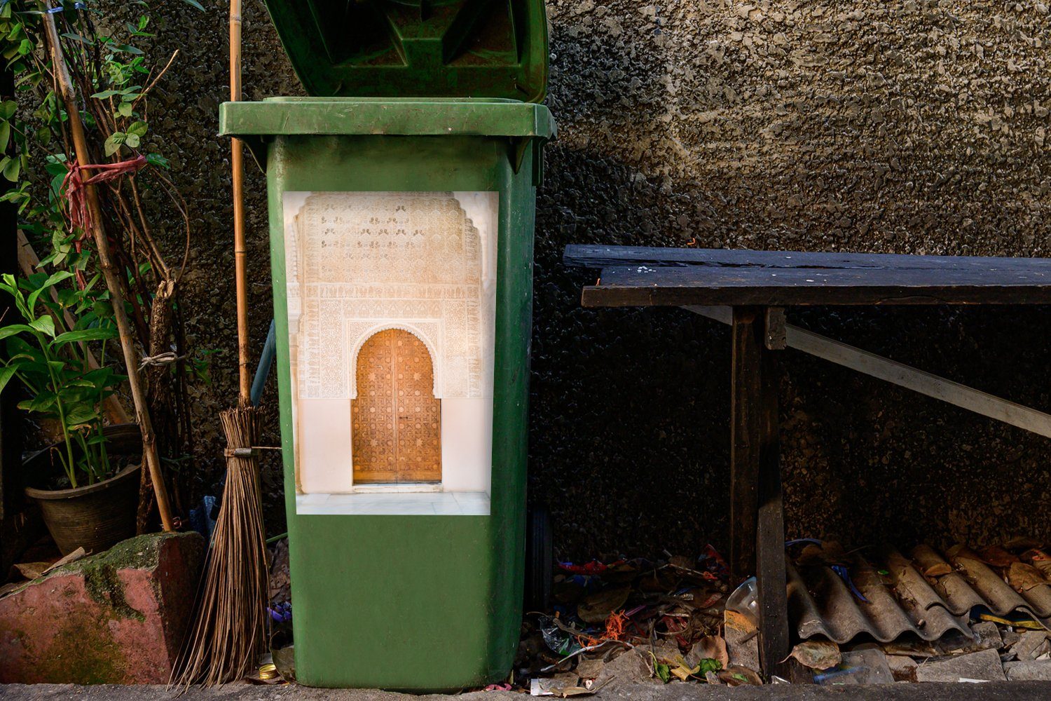 Stein Abfalbehälter Sticker, - Container, Mülleimer-aufkleber, Mülltonne, - Holz - Architektur MuchoWow St), (1 Tür Wandsticker
