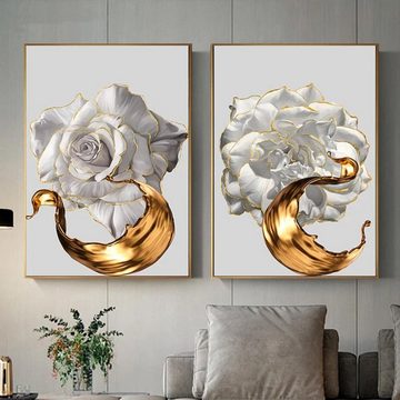 TPFLiving Kunstdruck (OHNE RAHMEN) Poster - Leinwand - Wandbild, Weiße Rose mit goldenem Blatt - (3 Motive und in 19 Größen zur Auswahl - Günstiges 3-er Set), Farben: Gold, Weiß - Größe: 40x60cm