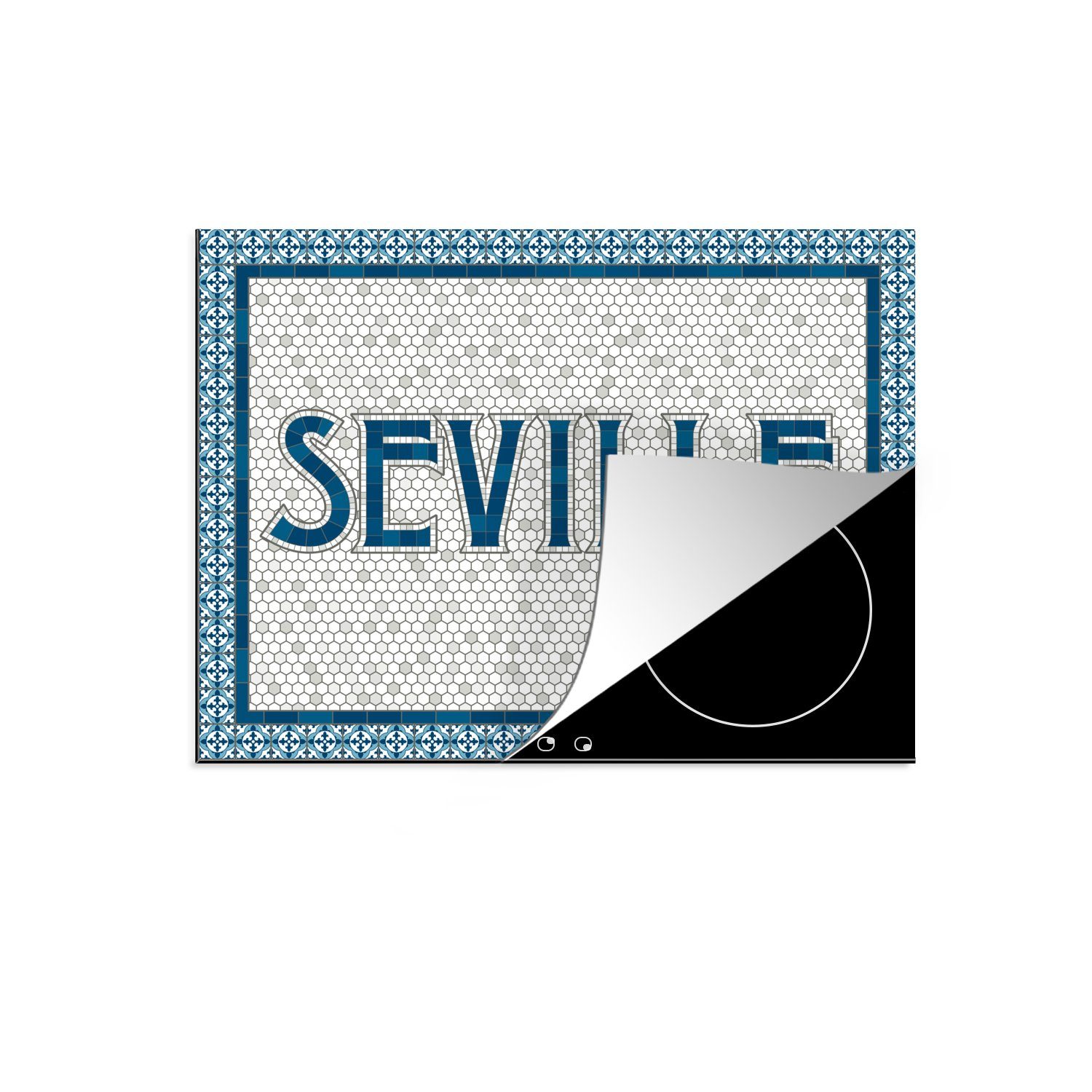 MuchoWow Herdblende-/Abdeckplatte Illustration des Stadtnamens des spanischen Sevilla in blauem, Vinyl, (1 tlg), 70x52 cm, Mobile Arbeitsfläche nutzbar, Ceranfeldabdeckung