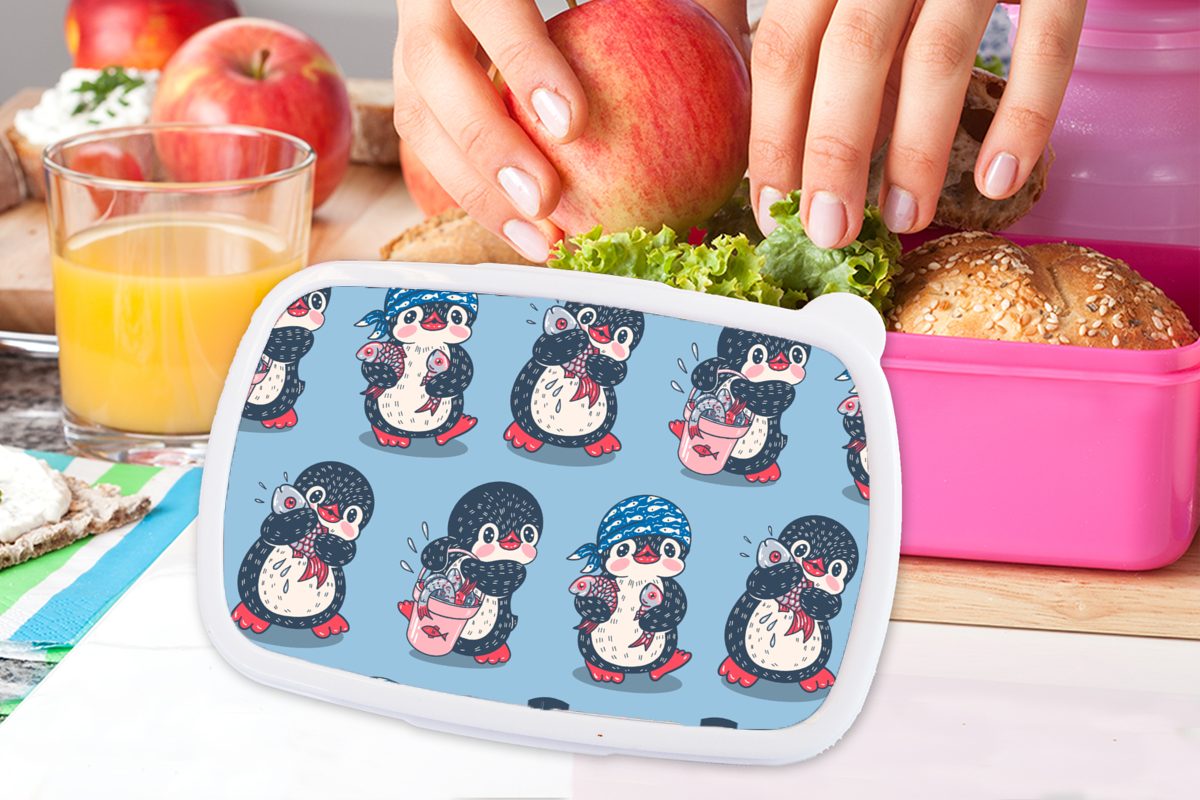 MuchoWow Lunchbox Pinguin Snackbox, - Brotdose - Gestaltung Kunststoff, rosa (2-tlg), Erwachsene, für Kinder, Mädchen, Brotbox Fisch, Kunststoff