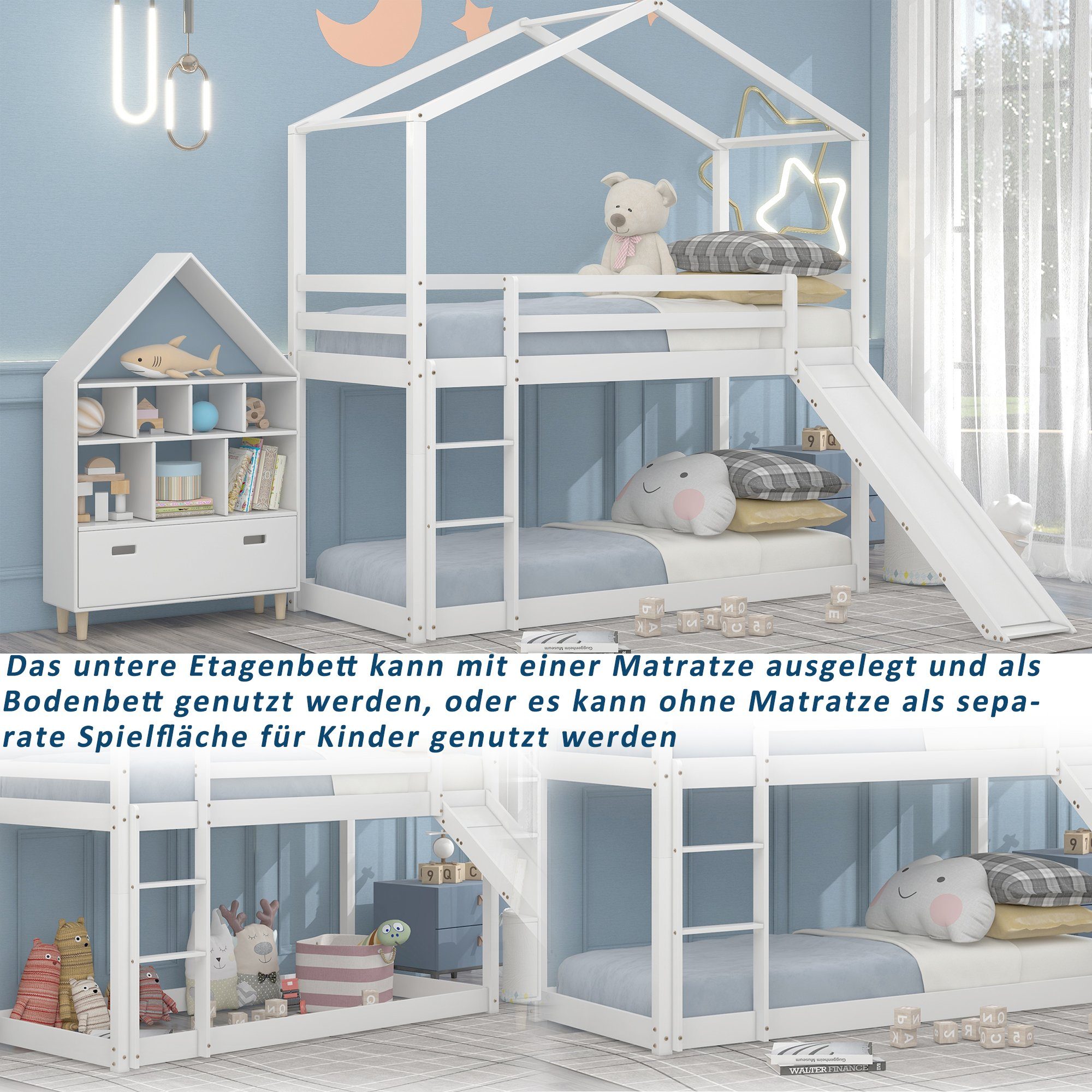 x Lattenrost, Bett Rutsche 200 Hausbett, weiß REDOM Kinderbett Matratze Etagenbett Ohne cm), (Massivholz-Etagenbettrahmen mit 90 Niedriges mit