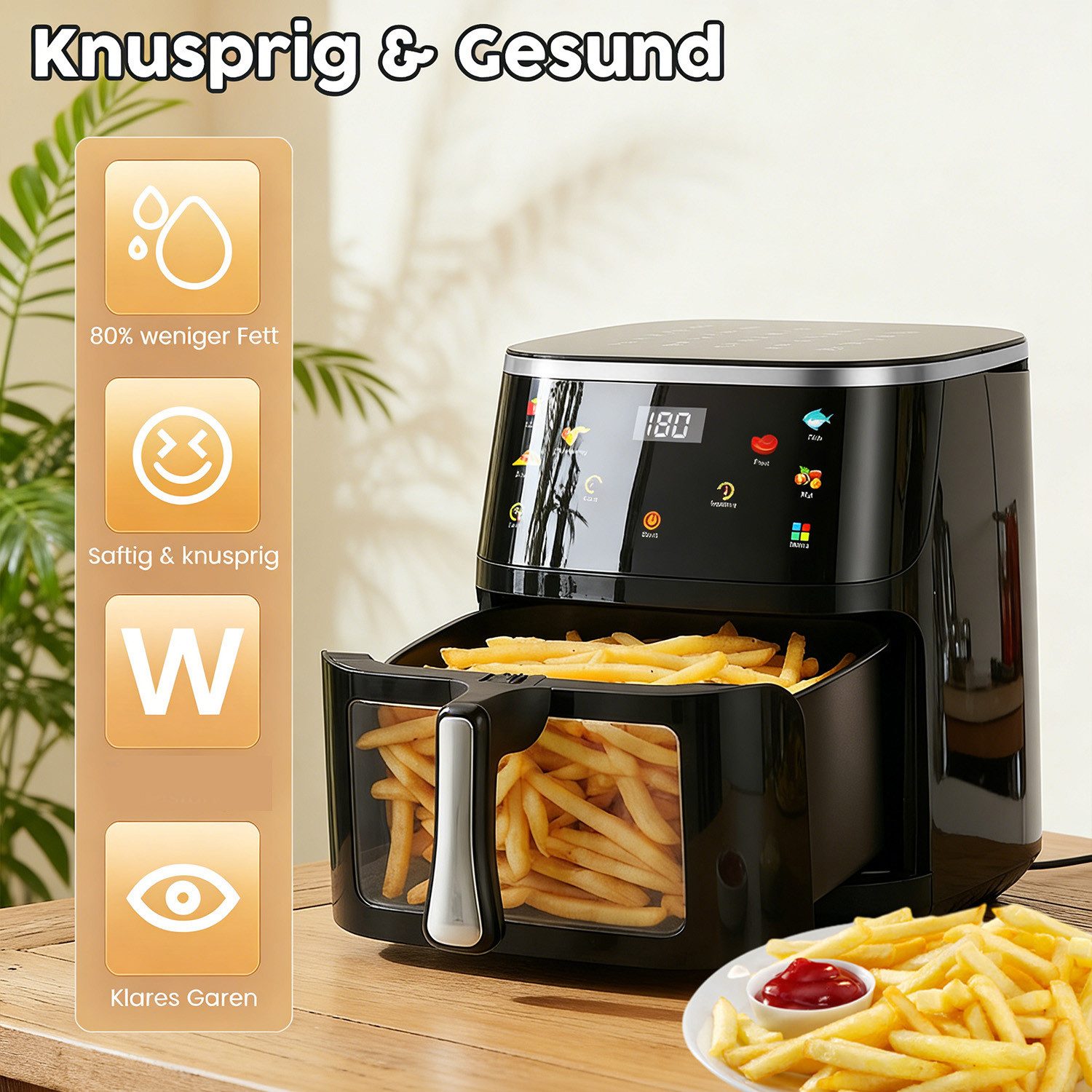 oyajia Heißluftfritteuse XXL Airfryer 10L mit LED-Farbdisplay & Sichtfenster, 6 Programme, LED-Touchscreen in Farbe, einfacher Reinigung, 2000 W, Heißluftfritti – Bild 4 von 5