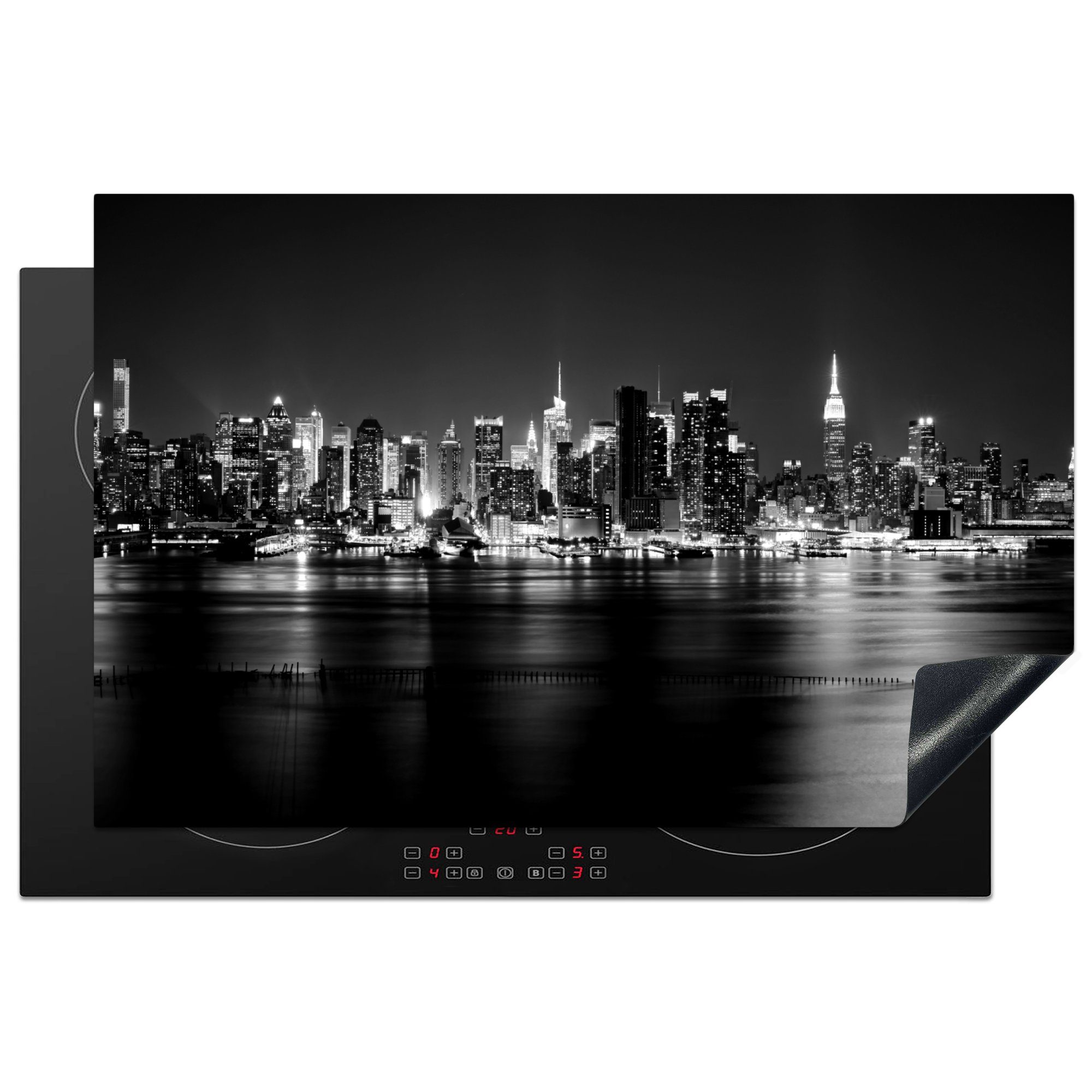 MuchoWow Herdblende-/Abdeckplatte Reflektierte Skyline von New York - schwarz und weiß, Vinyl, (1 tlg), 81x52 cm, Induktionskochfeld Schutz für die küche, Ceranfeldabdeckung
