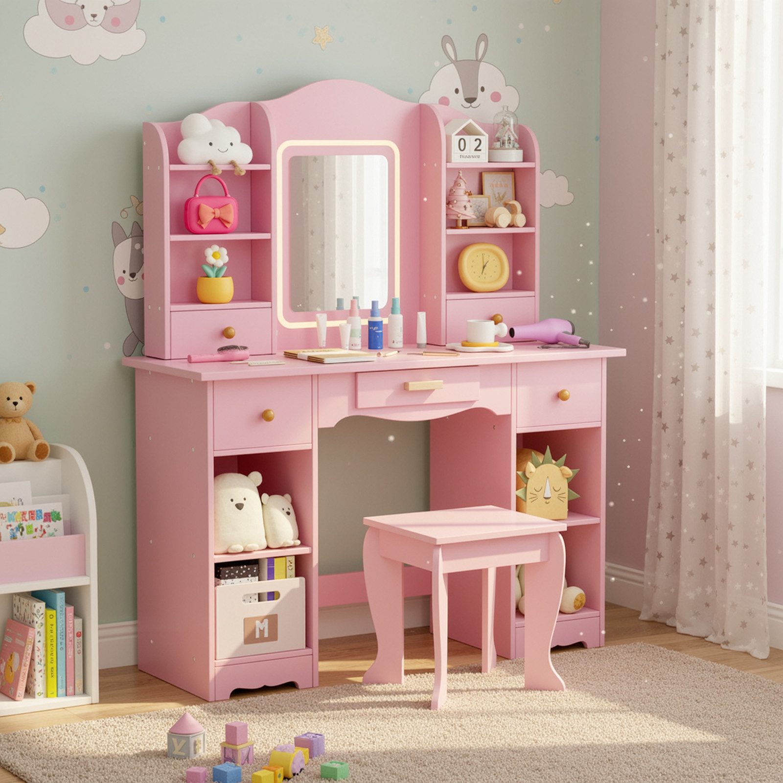 TLGREEN Schminktisch LED-beleuchteter Schminktisch für Mädchen mit Spiegel (Kinderschminktisch, 95cm großer Stauraum Schreibtisch Kinder, 5 Schubladen Spieltisch mit Beleuchtung und Sicherheitsacrylspiegel), Geschenk für Mädchen Geburtstag Weihnachten