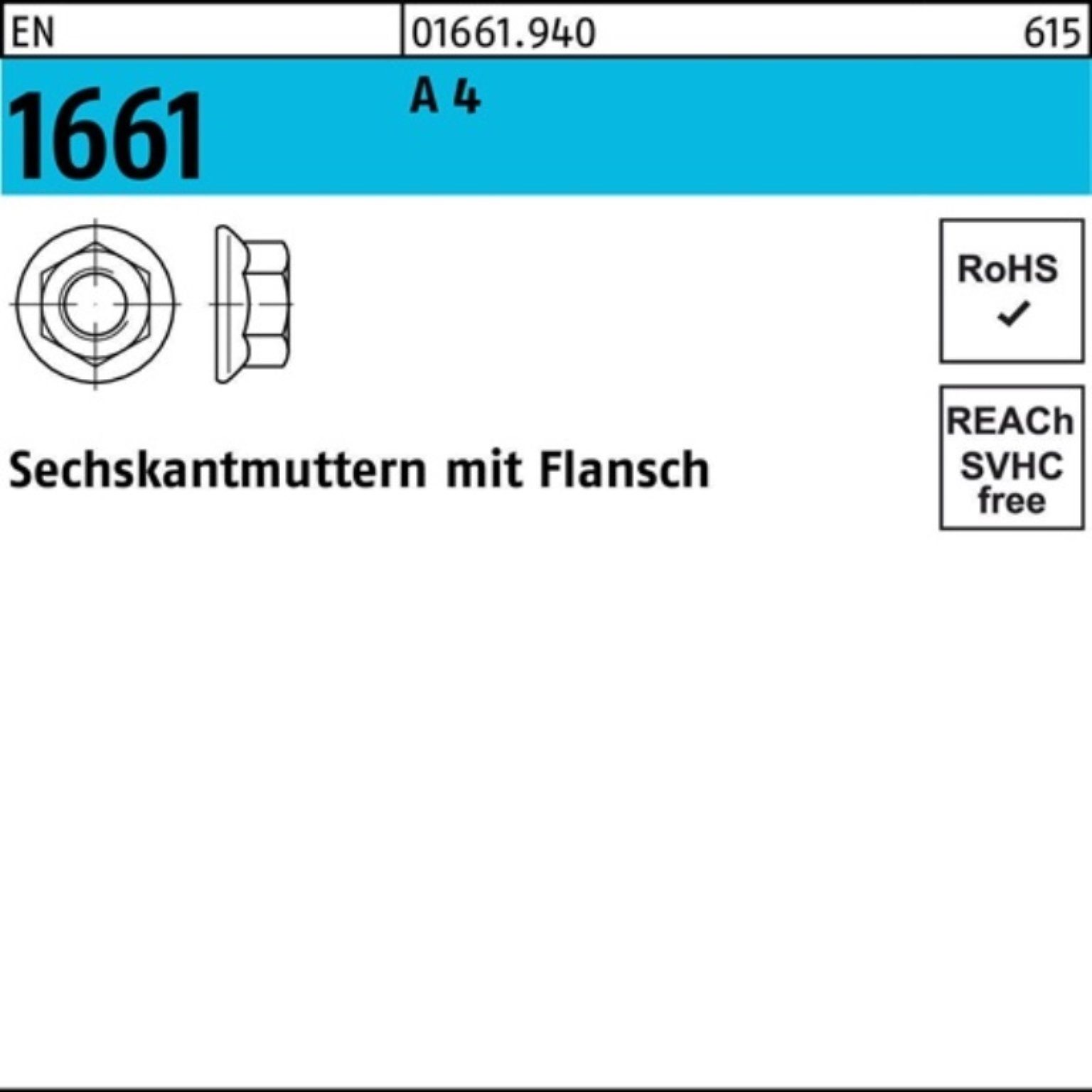 Reyher Muttern 500er Pack Sechskantmutter EN 1661 Flansch M10 A 4 500 Stück EN 1661