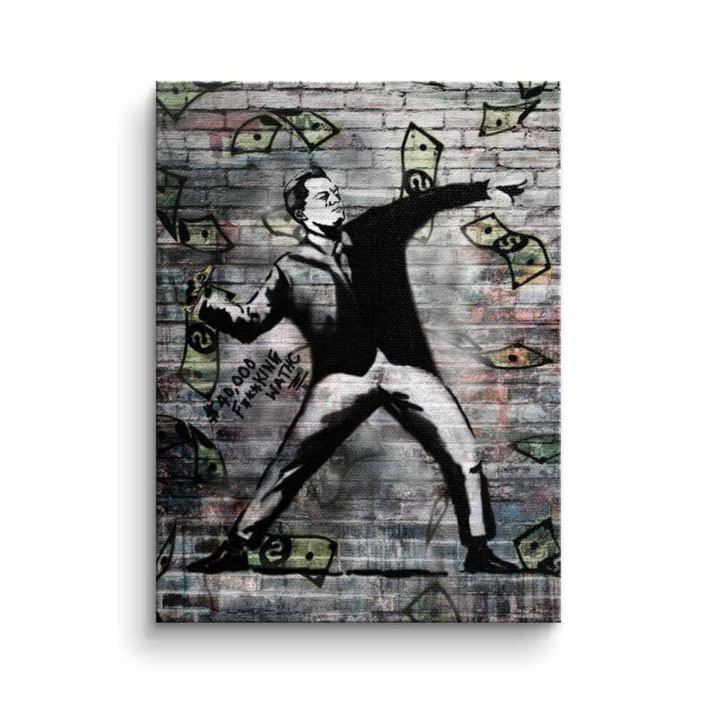 DOTCOMCANVAS® Leinwandbild, Leinwandbild Banksy streetart weißer weiß geld schwarz Rahmen premium watch 40k mit