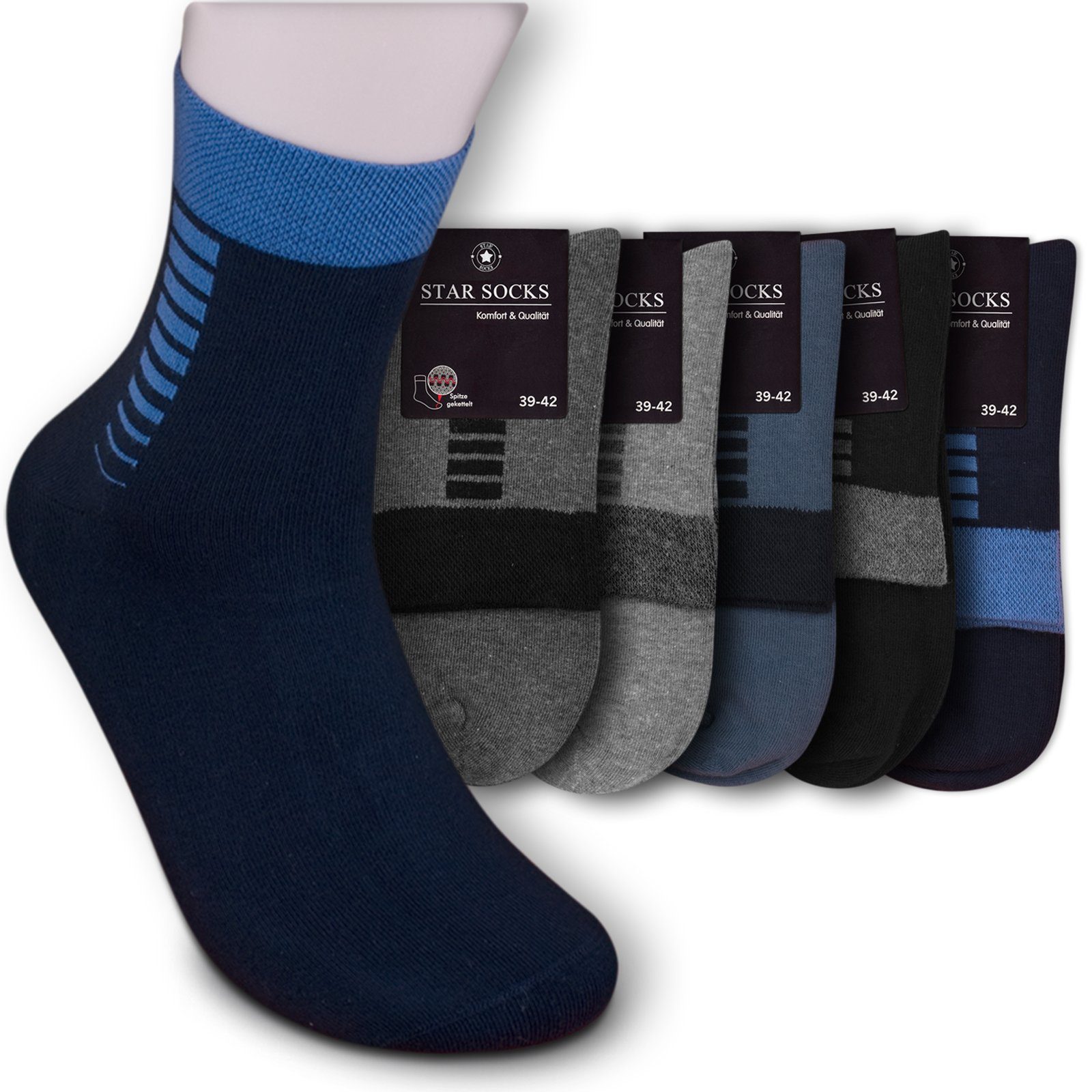 Die Sockenbude (Bund, blau) grau Gummi Komfortbund mit ohne 5-Paar, Kurzsocken JEANS