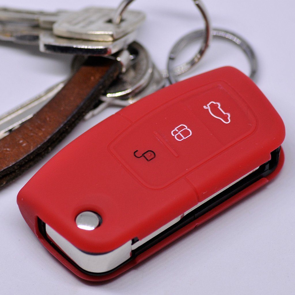 mt-key Schlüsseltasche Autoschlüssel Softcase Silikon Schutzhülle Rot, für Ford Focus Fiesta Ecosport S-Max Kuga C-Max 3 Knopf Klappschlüssel