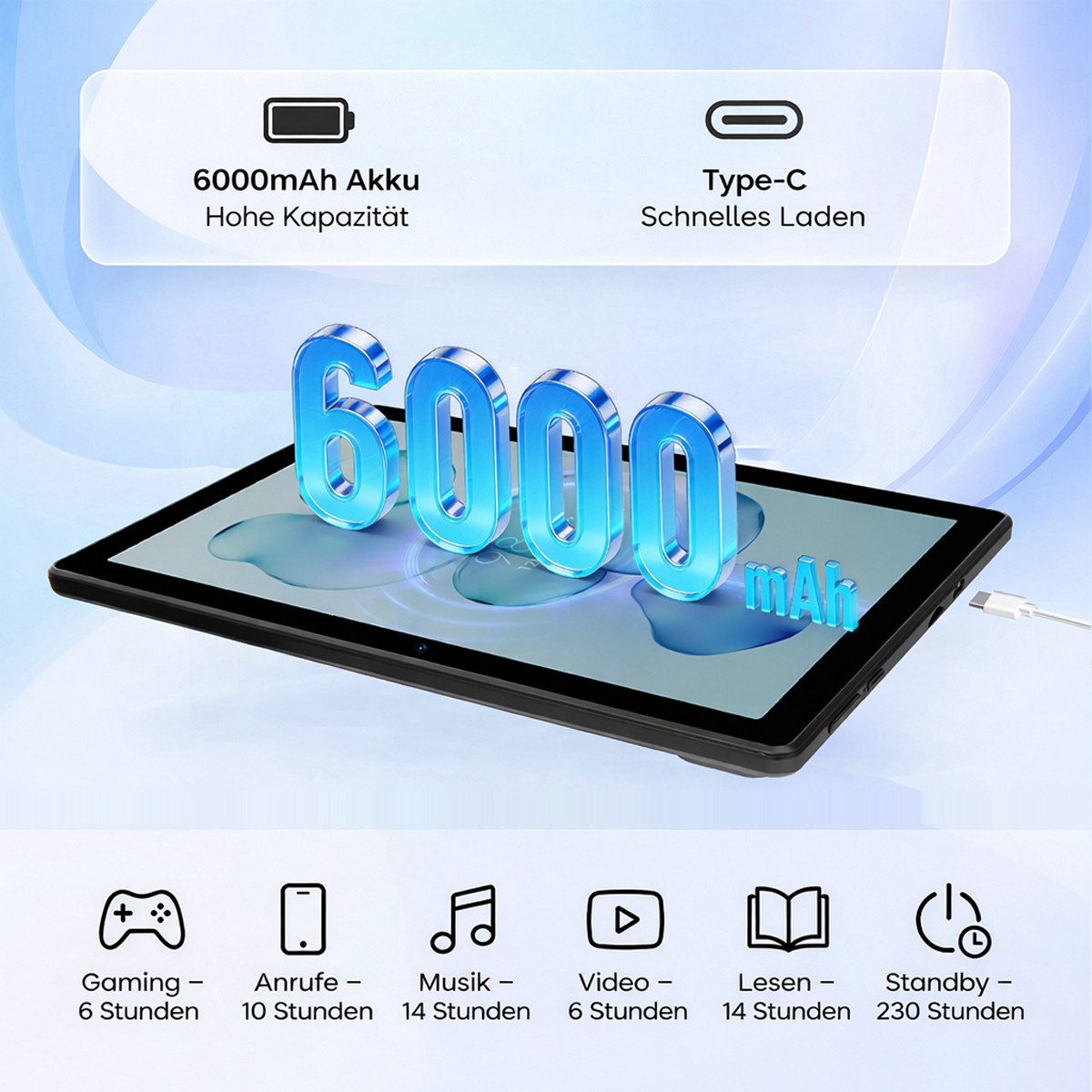 Happybe 10,1'' Octa-Core, 6000 mAh, HD 1280x800, 34GB/36GB RAM, 128GB/256GB Tablet (10.1", 128 GB, Android, Android 16, Gemini KI-Assistent, Widevine L1) schwarz