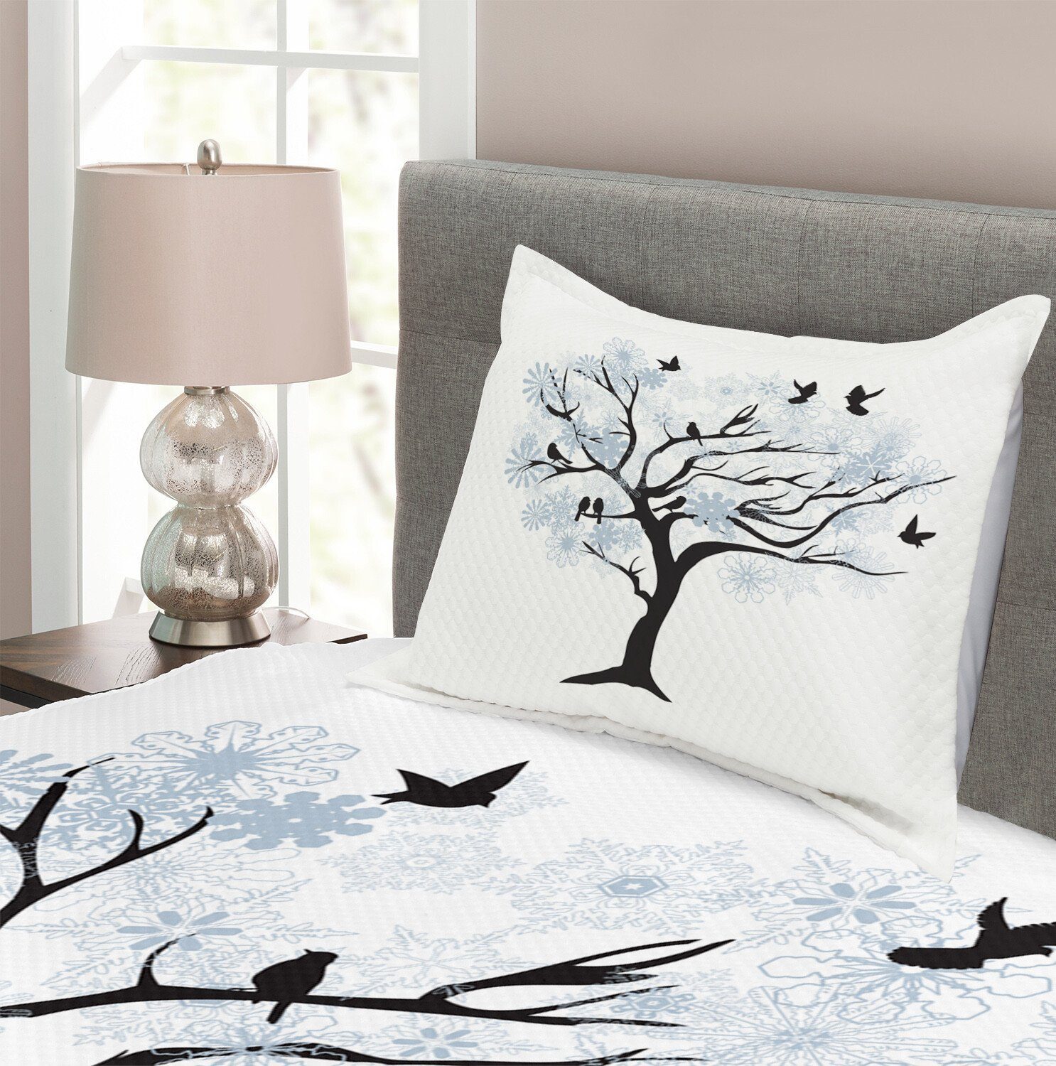 Zweige Snowy-Bäume Vögeln mit Waschbar, Abakuhaus, Kissenbezügen mit Set Tagesdecke