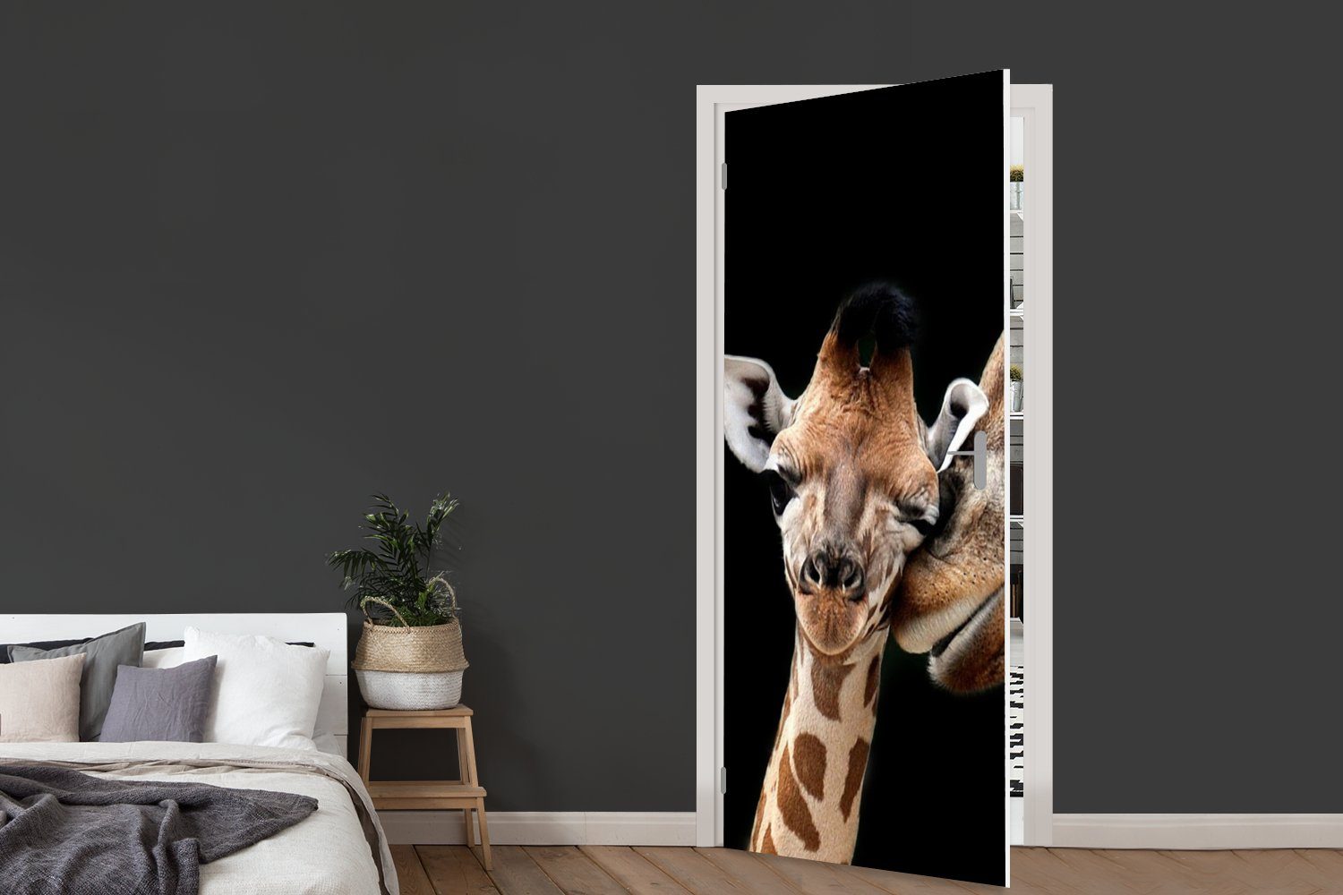 MuchoWow Türtapete Giraffe Tür, Schwarz Porträt Fototapete (1 Tiere, - - cm - Tiere Türaufkleber, - 75x205 für St), Matt, bedruckt
