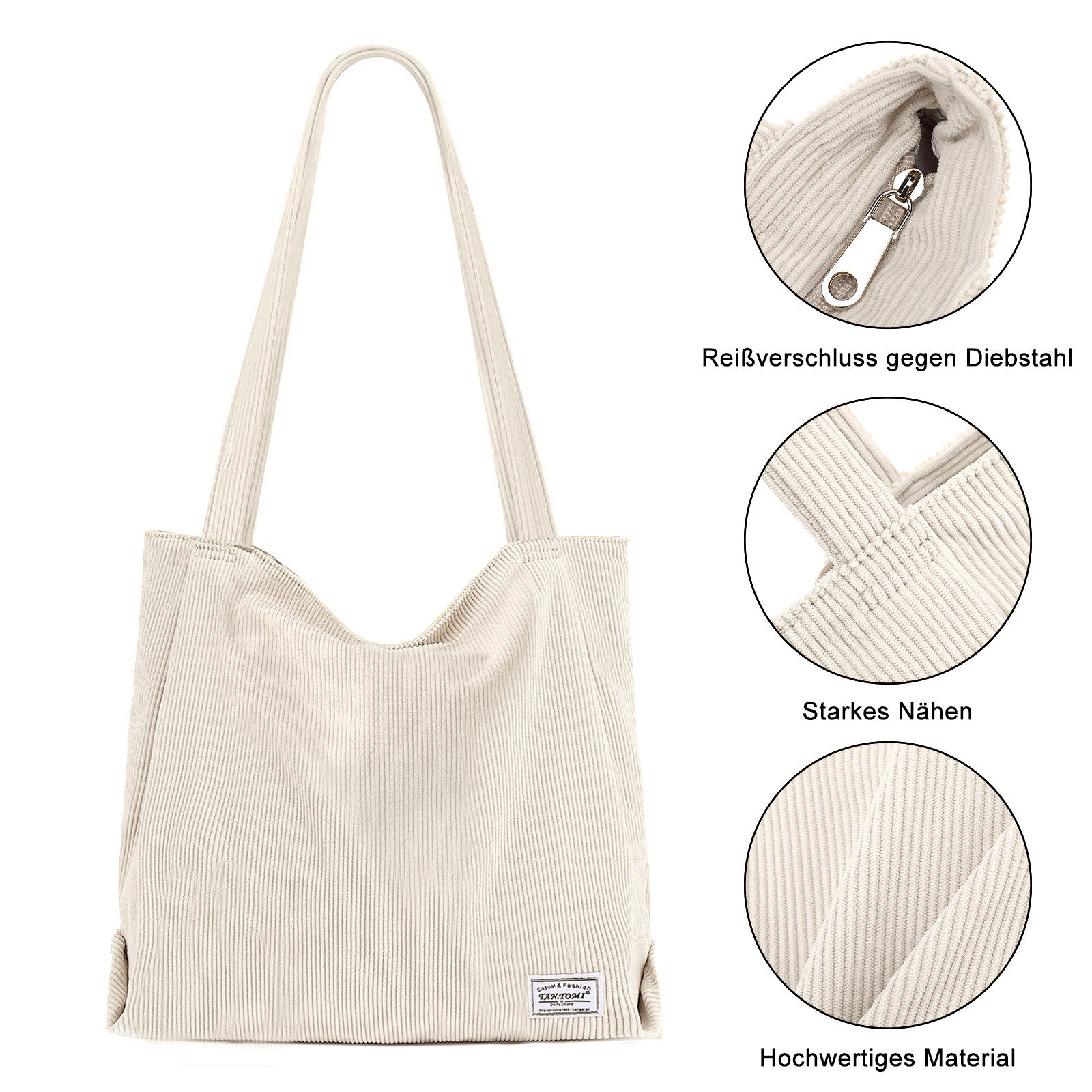 TAN.TOMI Shopper Tasche Damen Tote Bag mit Reißverschluss aus Cord Alltag, Shopper Damen Groß für Arbeit Büro Reisen Einkaufen Schule