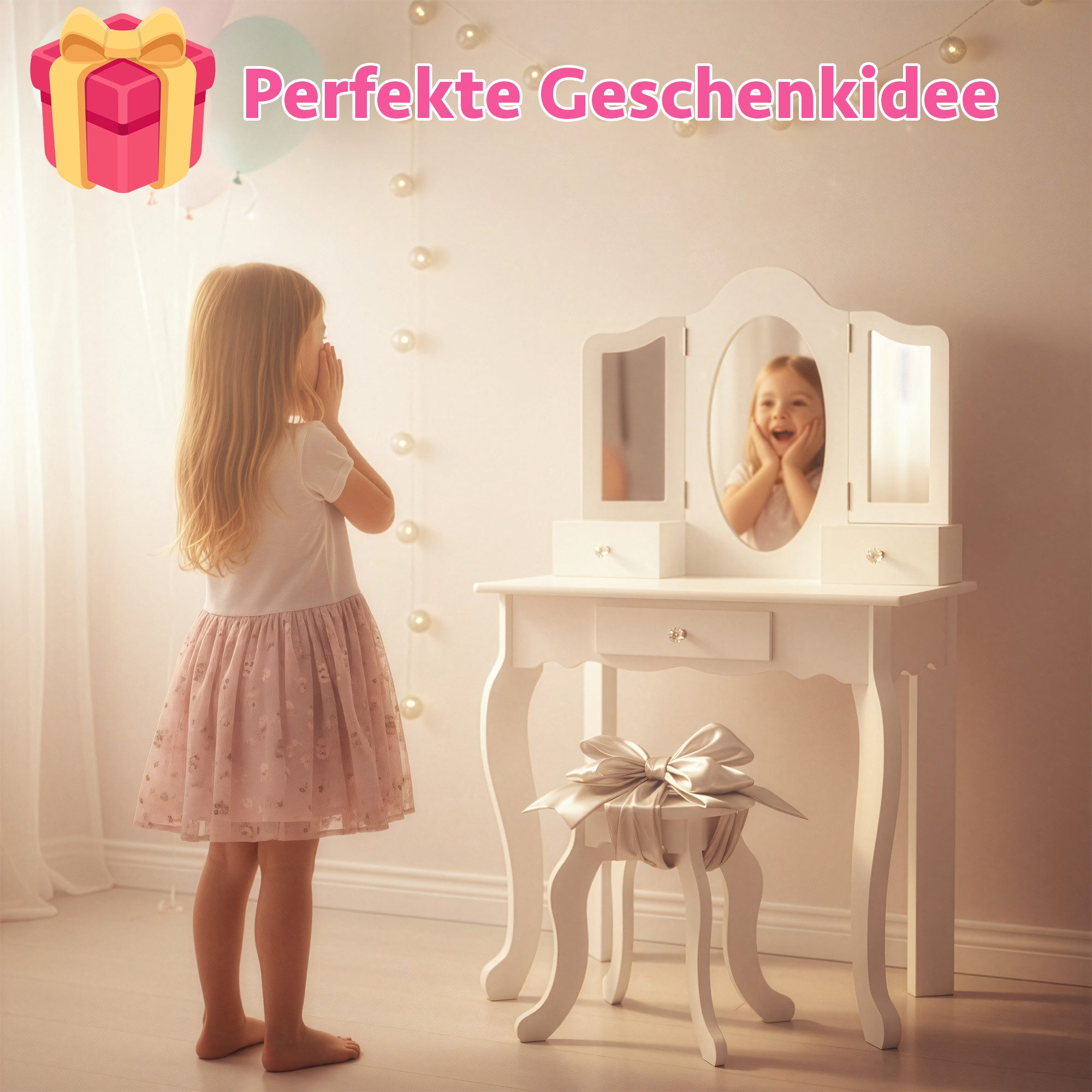 Green Series Schminktisch Kinder Schminktisch Holz Weiß – Spiegel & Hocker – Geschenkidee, Dreifachspiegel aus Plexiglas mit passendem Hocker – Bild 4 von 5