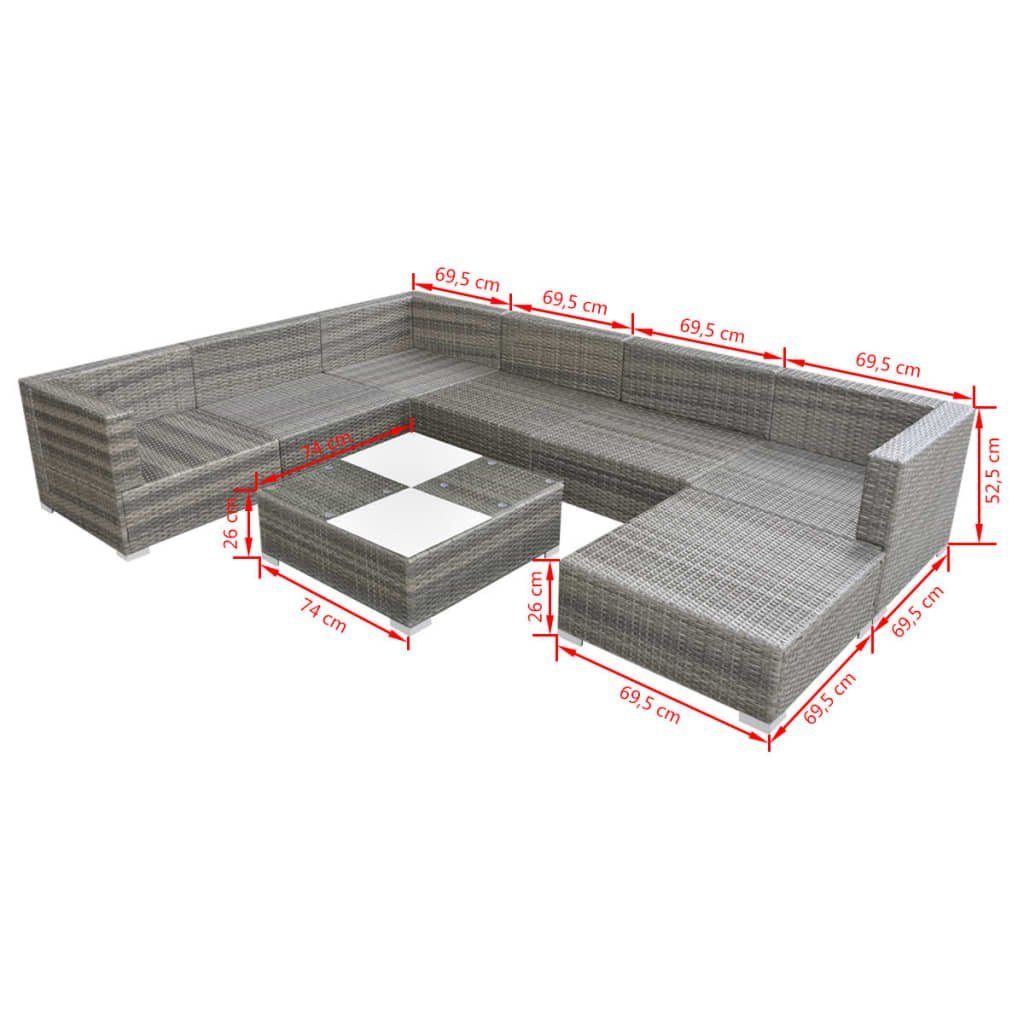 (8-tlg) Rattan Poly mit Garten-Lounge-Set vidaXL 8-tlg. Grau, Gartenlounge-Set Auflagen