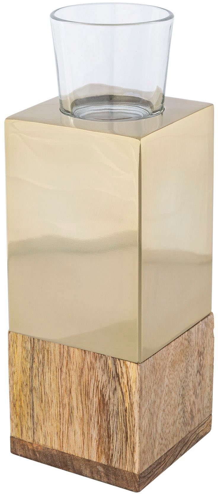 Kerzenhalter Creativ Teelichthalter Holz, Tower (1 champagnerfarben aus Glas und home Edelstahl St),