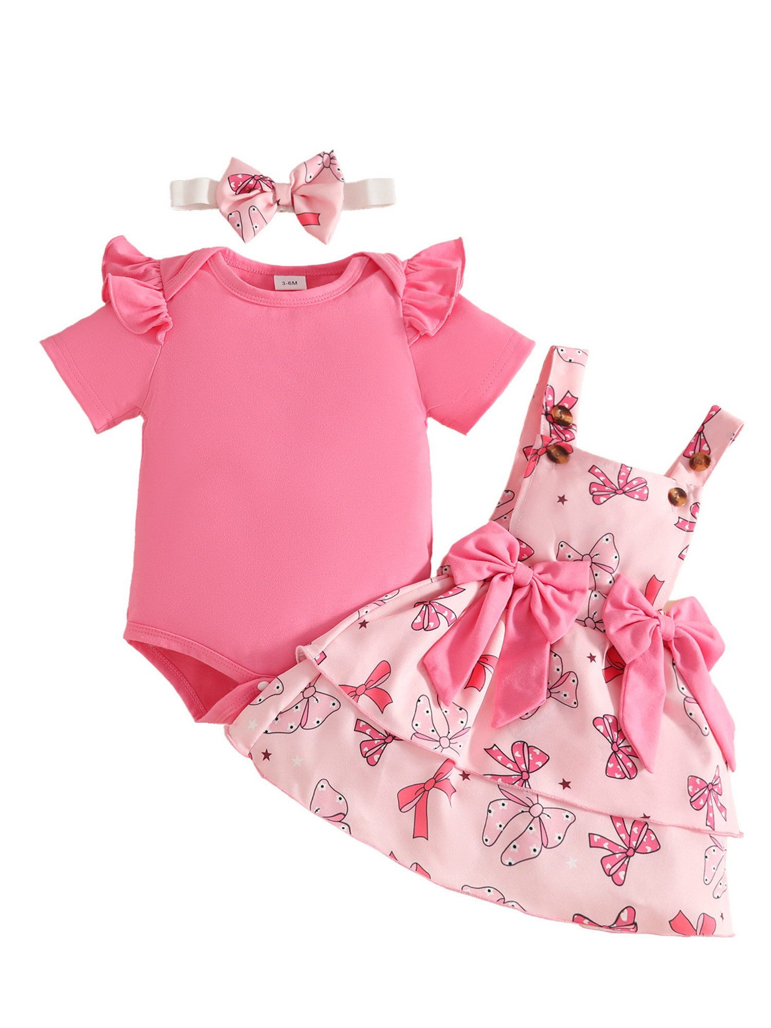 Lapastyle Shirt, Rock & Haarband Babykleidung Mädchen Festliches Set für den Sommer, Body & Latzkleid (Set, 3-tlg) T-shirt mit Rüschen, Kleid mit Schleifenmuster & Stirnband Rosa