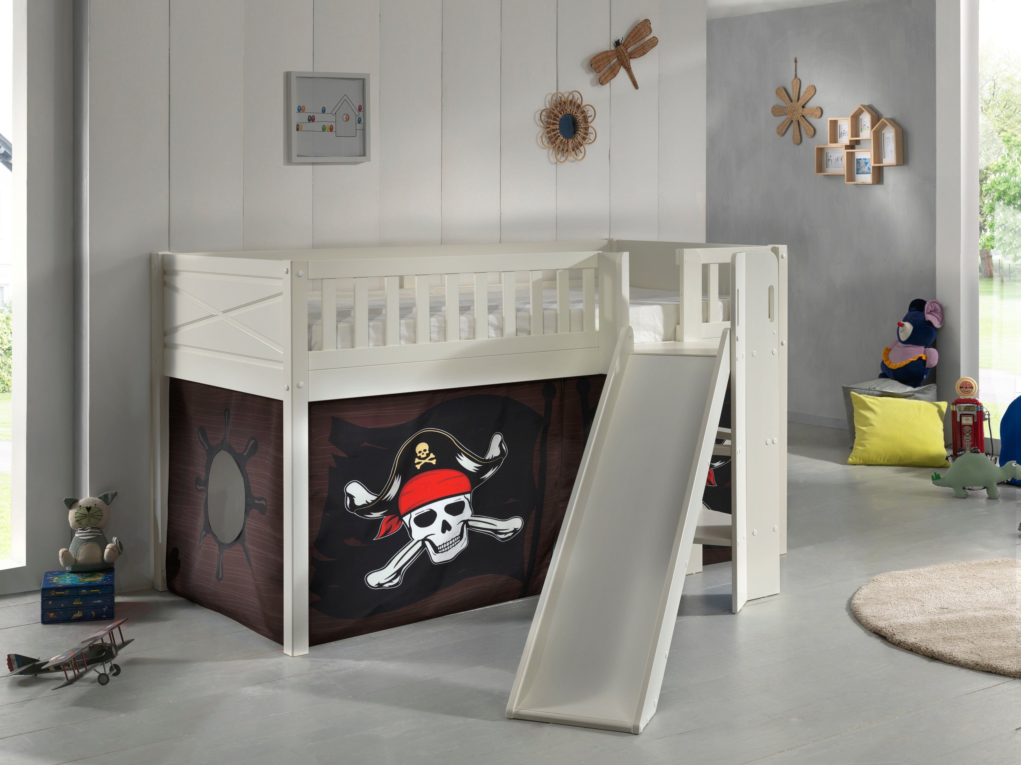 Vipack Hochbett Scott, Spielbett, Kiefer massiv weiß lackiert, mit Rolllattenrost (B/H/T ca. 207,6x114x203,7cm, Kopf-/Fußteil mit Fräsung, stabil gebaut) mit Rutsch-/Leiterturm, LF 90x200 cm, inkl. Vorhang, 7 Designs