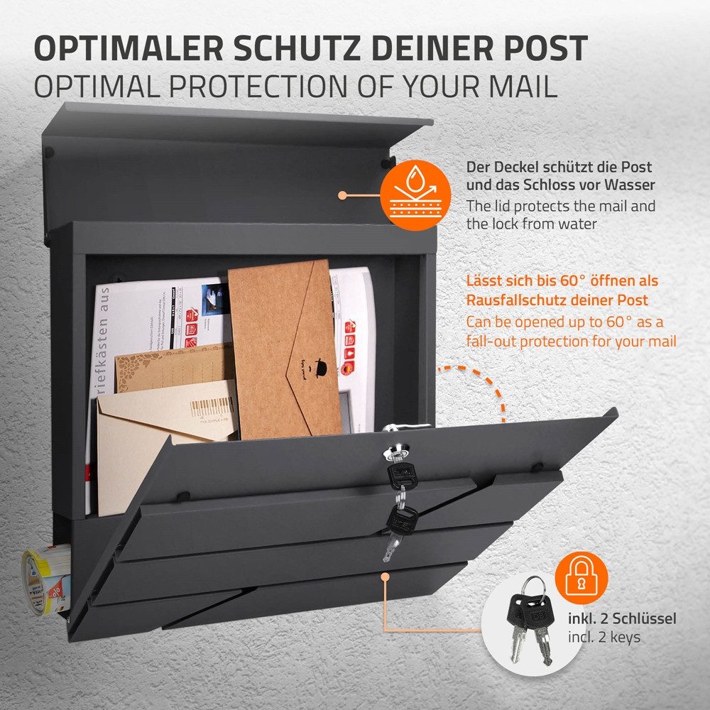 ML-DESIGN Briefkasten Wandbriefkasten Postkasten Design Briefkastenanlage Postbox Mailbox, Standbriefkasten mit Zeitungsfach Schloss und 2 Schlüssel aus Stahl – Bild 3 von 5