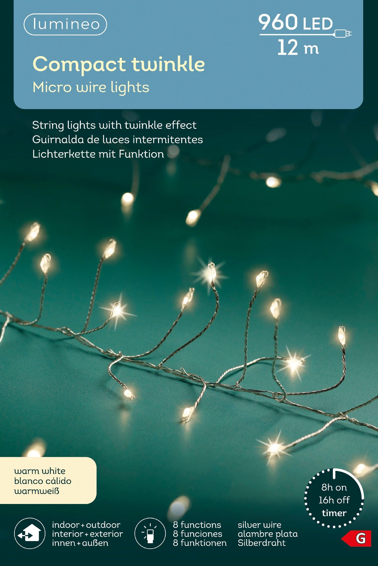 Lumineo LED-Lichterkette Lumineo Micro-LED COMPACT TWINKLE 960 LED 12 m warm weiß, Silberdraht, Indoor/Outdoor, 8 Funktionen, 8h-Timer, + 5 Meter