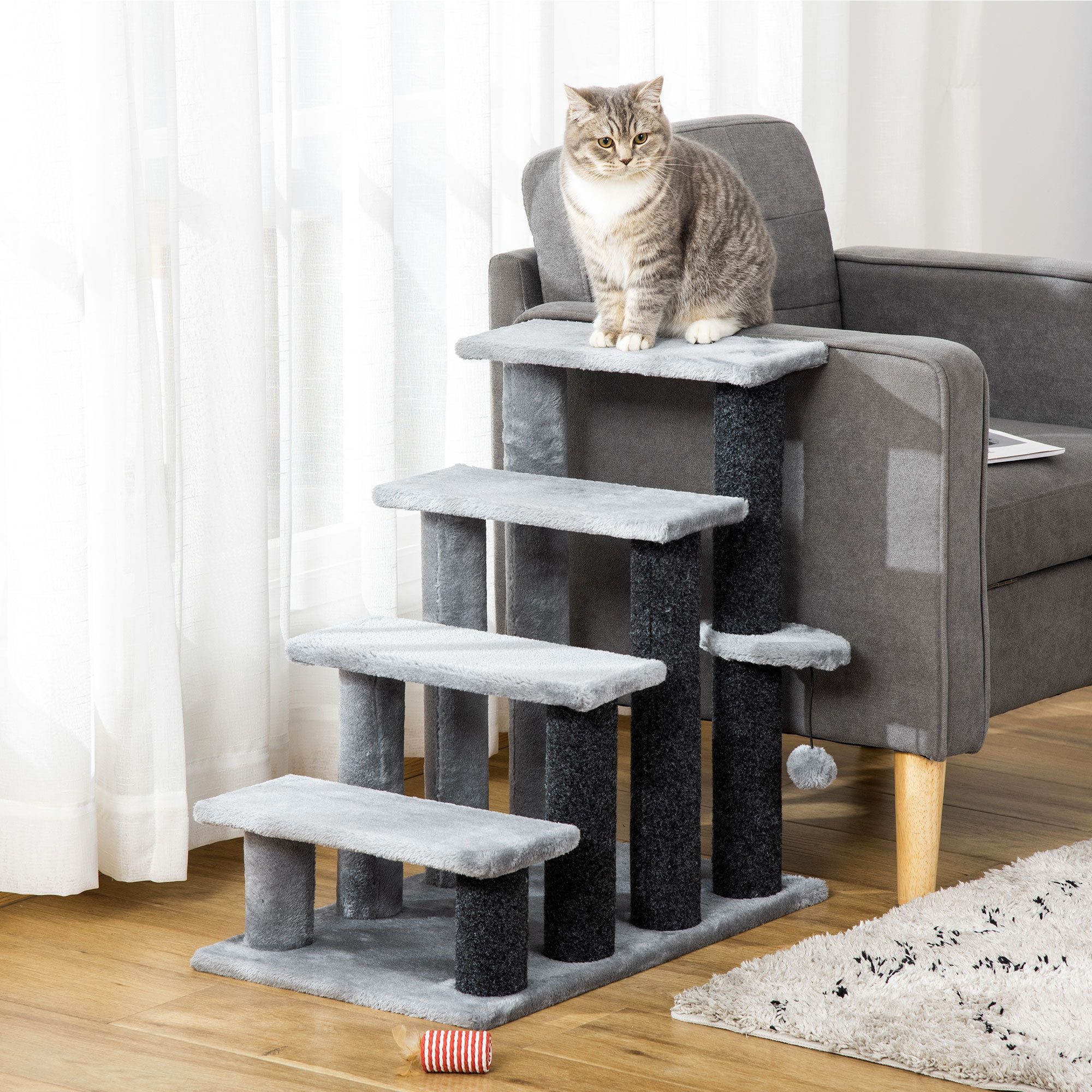 furnicato Katzen-Kletterwand Haustiertreppe Grau 60L x 40B x 64H cm mit Spielball