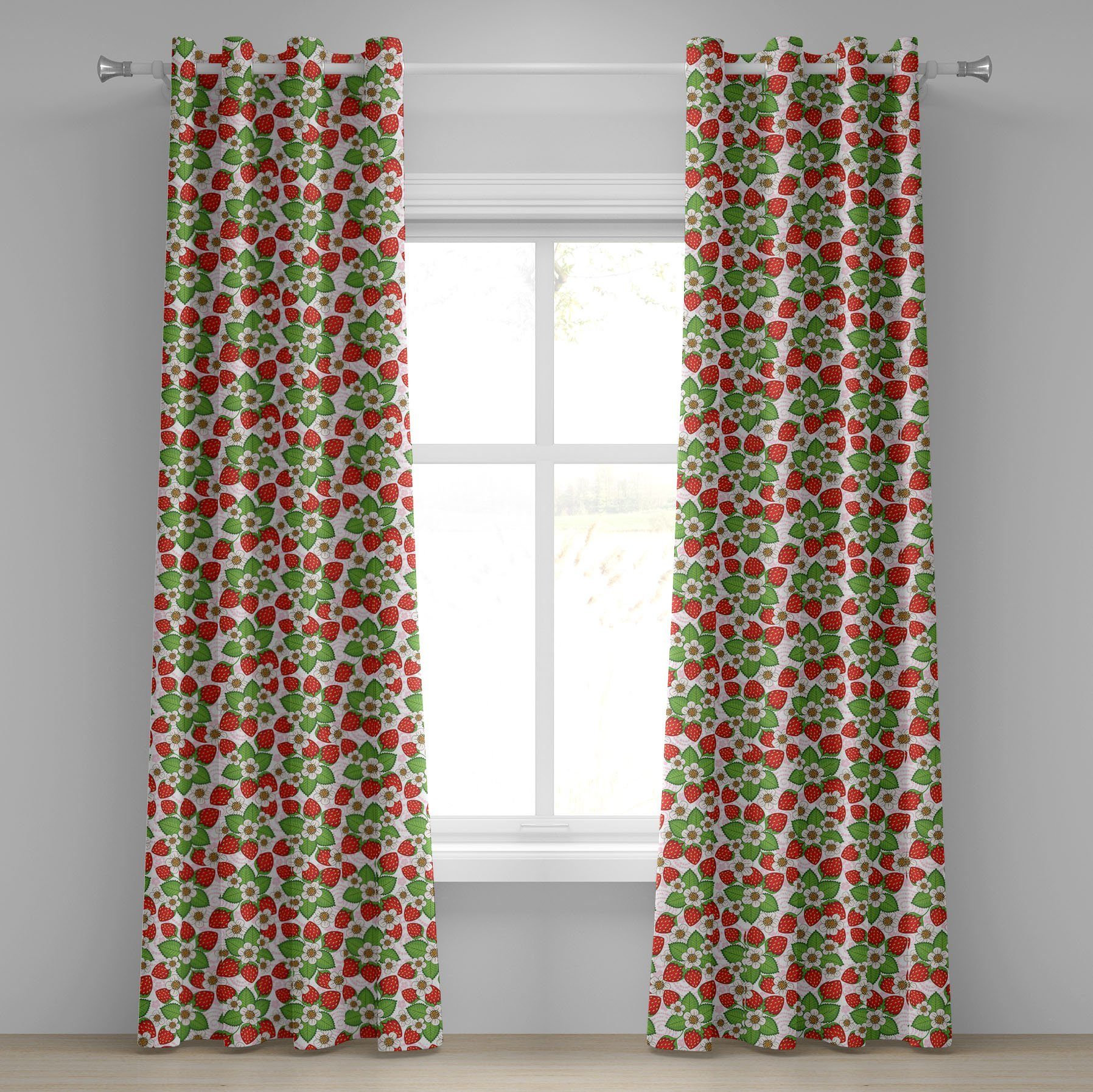 Gardine Dekorative 2-Panel-Fenstervorhänge für Schlafzimmer Wohnzimmer, Abakuhaus, Blumen Erdbeeren Sommer