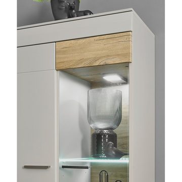 Lomadox Vitrine SINAIA-61 nschrank ohne Beleuchtung in grau matt mit Zinn Eiche Nb. 90/139/35 cm