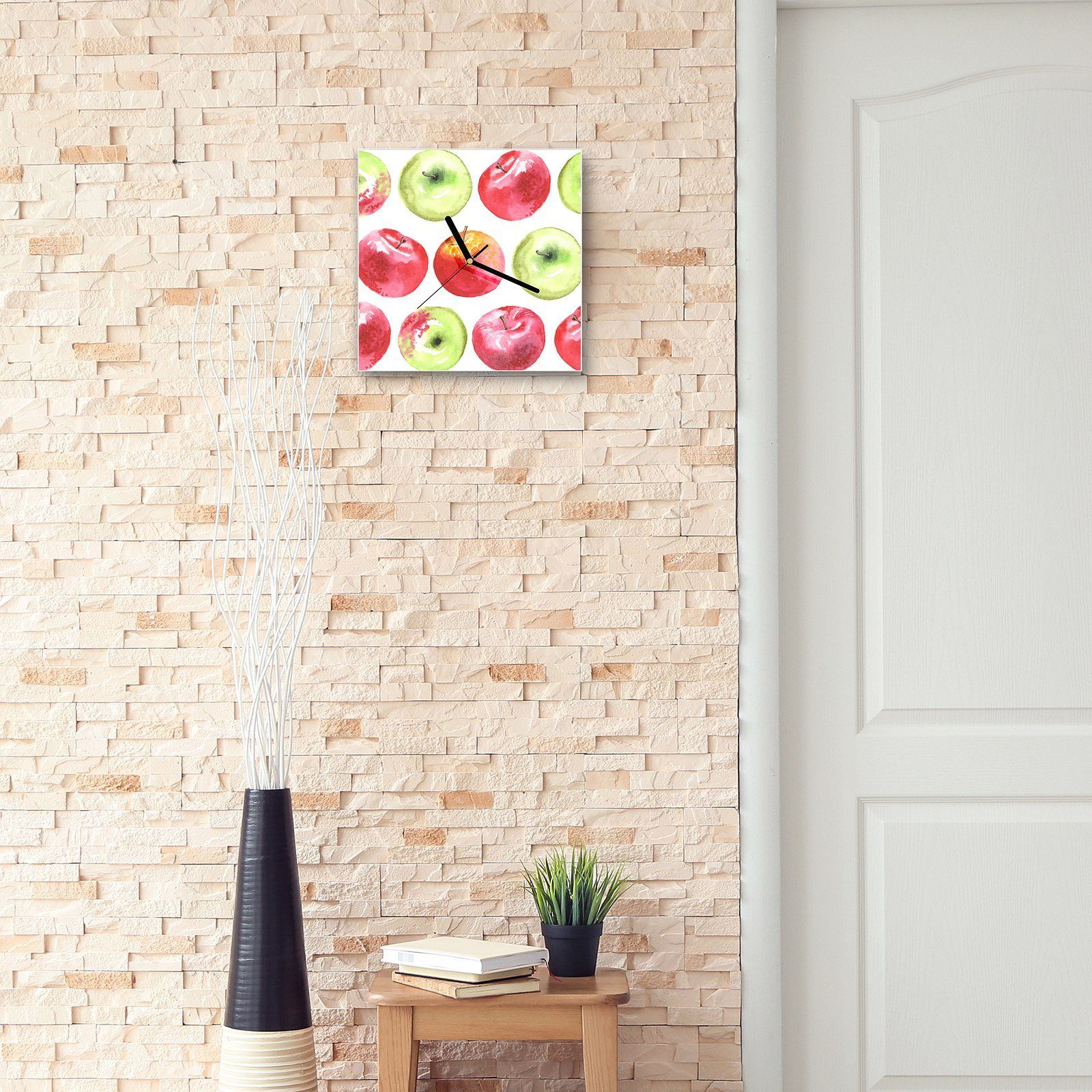 Wanduhr Primedeco Aquarell Motiv Muster 30 mit Äpfel Glasuhr Wanduhr cm x 30 Größe Wandkunst