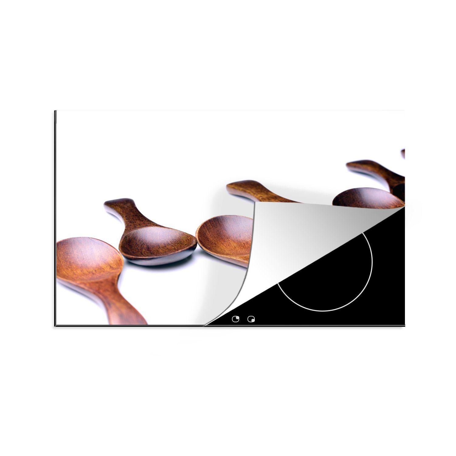 MuchoWow Herdblende-/Abdeckplatte Verschiedene Schöpfkellen vor weißem Hintergrund, Vinyl, (1 tlg), 81x52 cm, Induktionskochfeld Schutz für die küche, Ceranfeldabdeckung