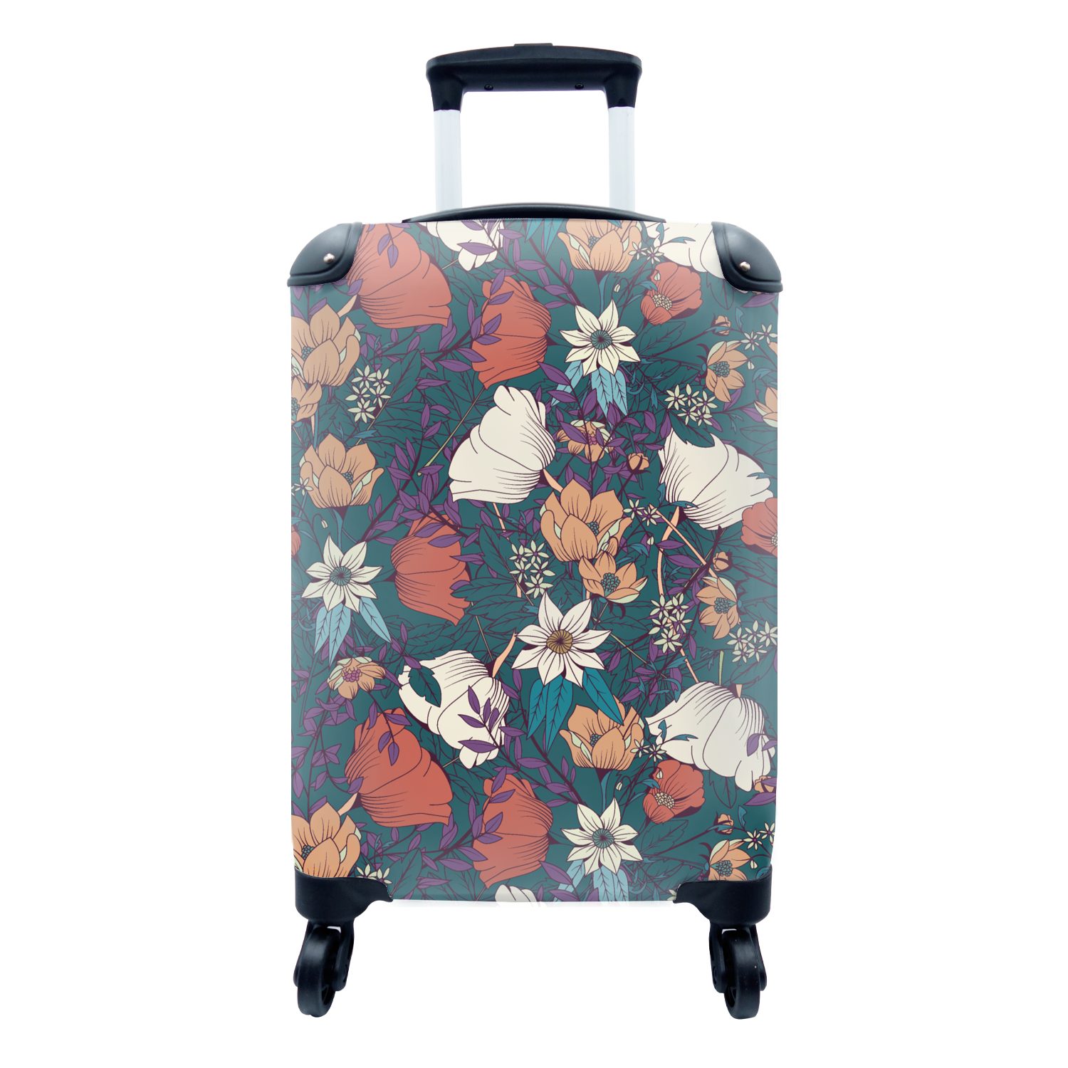 MuchoWow Handgepäckkoffer Botanisch - Vintage Rollen, - Trolley, Reisetasche Reisekoffer Handgepäck mit Ferien, rollen, 4 Blumen, für