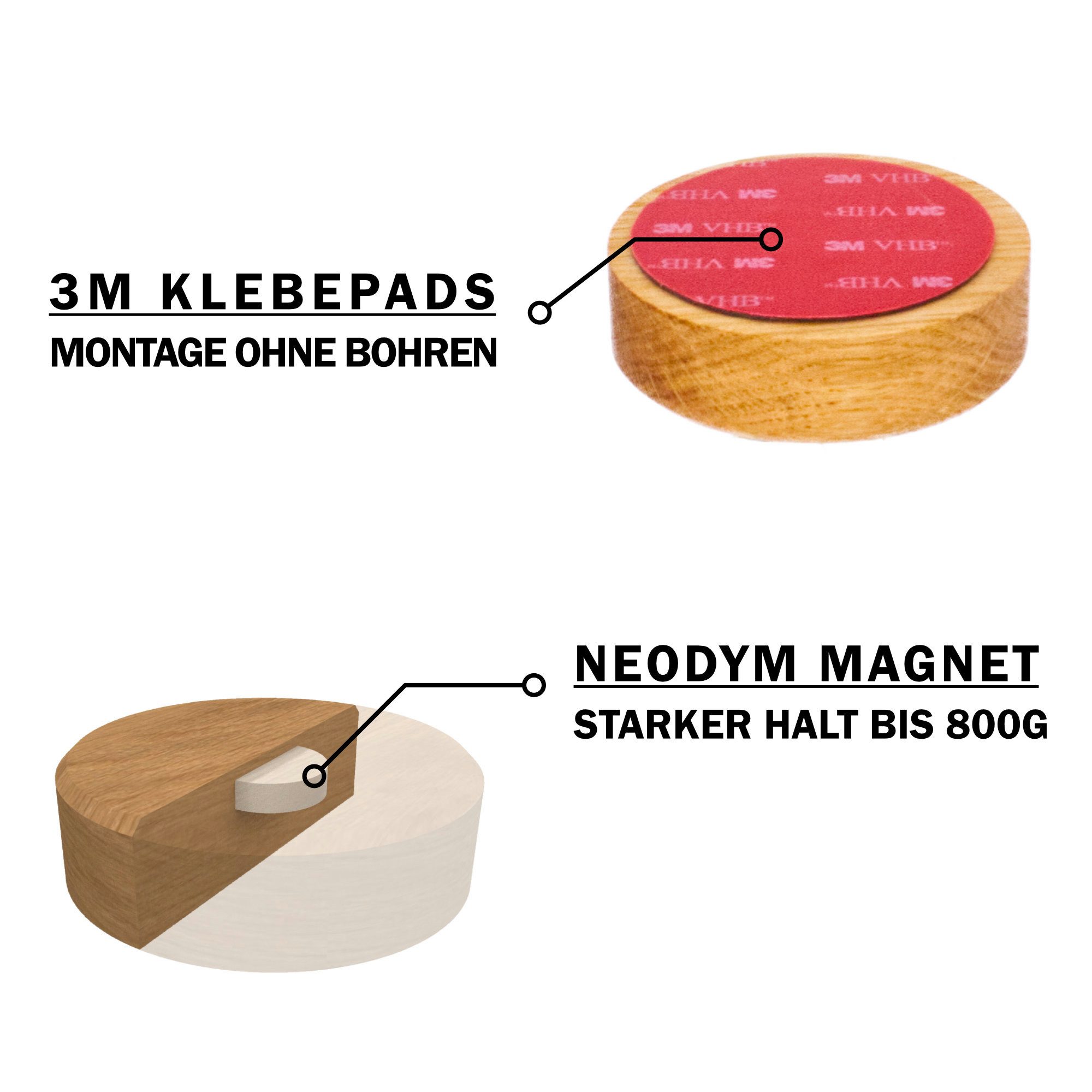 Kernholz Wand-Magnet Messerhalter aus massiven Eichenholz (3tlg), Hergestellt in Deutschland