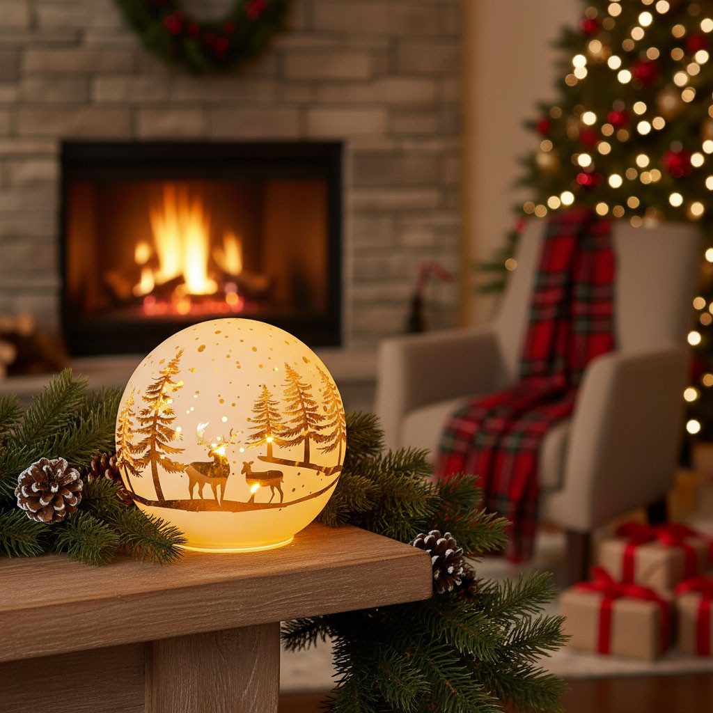 Levandeo® Nachttischlampe, LED Deko Kugel 15cm Weiß Glas Weihnachtsdeko Winterland Tischdeko