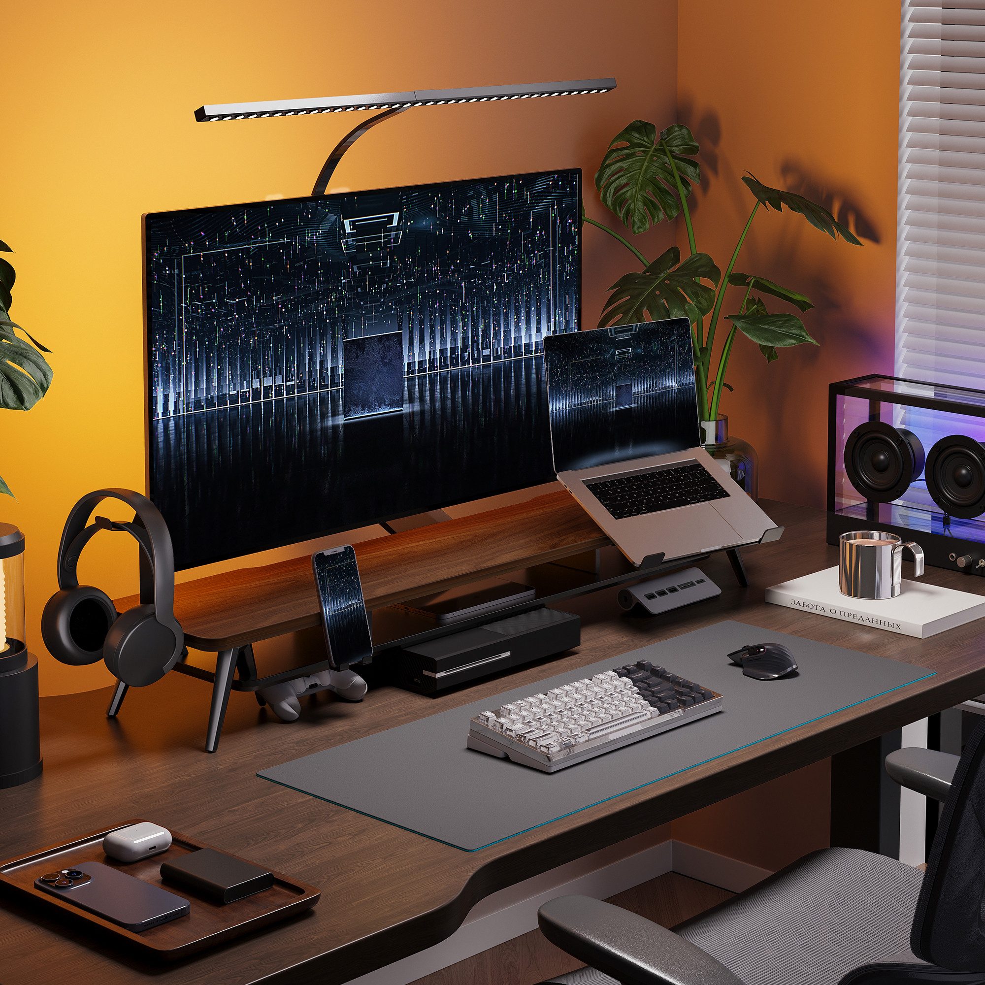 Fenge Monitorständer mit Handyhalterung, Laptop-Ständer und Kopfhörerhaken, 108 cm breit, (Laptop-Ständer verstellbar, wasserabweisend, kratzfest) – Bild 2 von 5