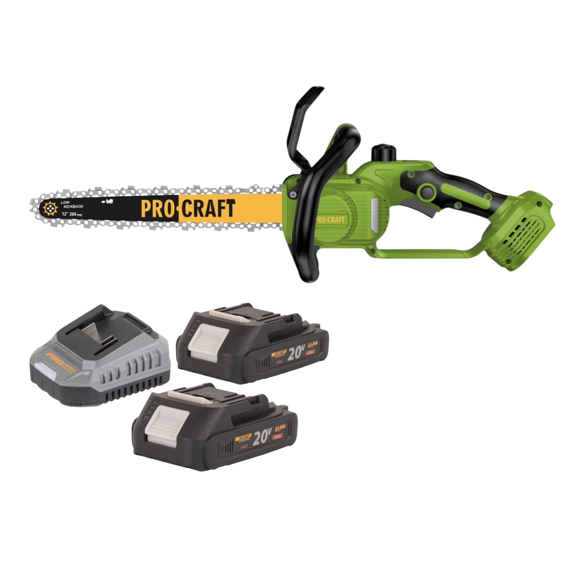 PRO CRAFT Akku-Kettensäge PKA33-BB 20 V 304 mm Brushless + 2x Akku 2,0 Ah + Ladegerät