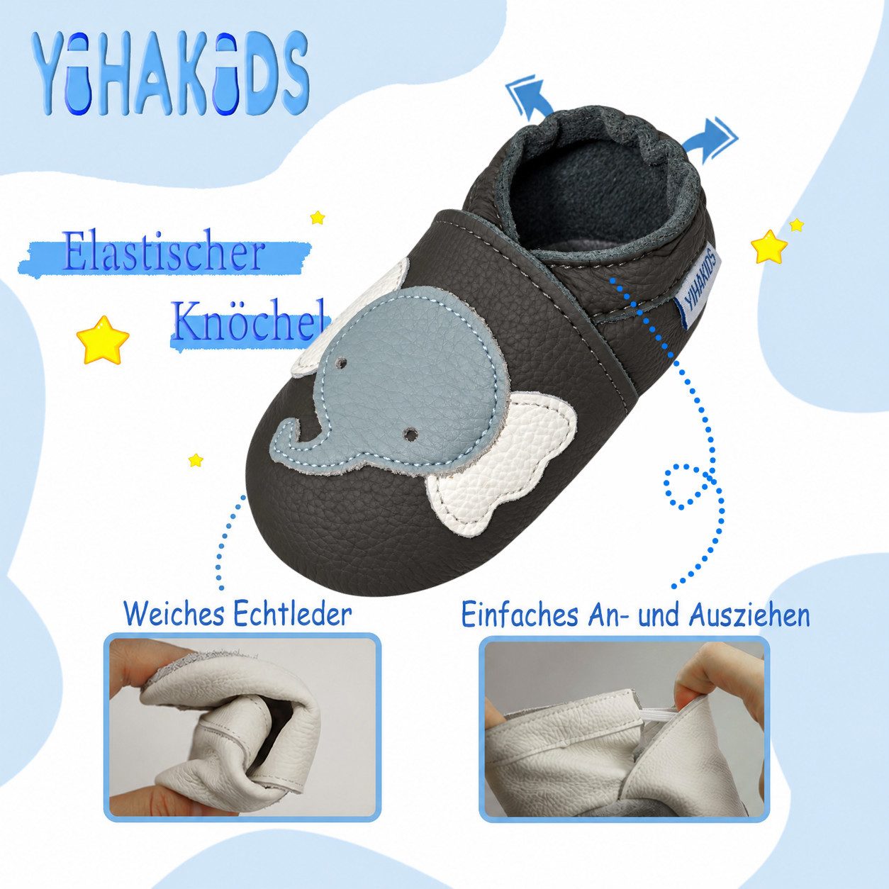 Yihakids Baby Krabbelschuhe Lauflernschuhe Hausschuhe Lederschuhe Elefant Krabbelschuh (Sowohl drinnen als auch draußen erhältlich) Rutschfest atmungsaktiv – Bild 4 von 5