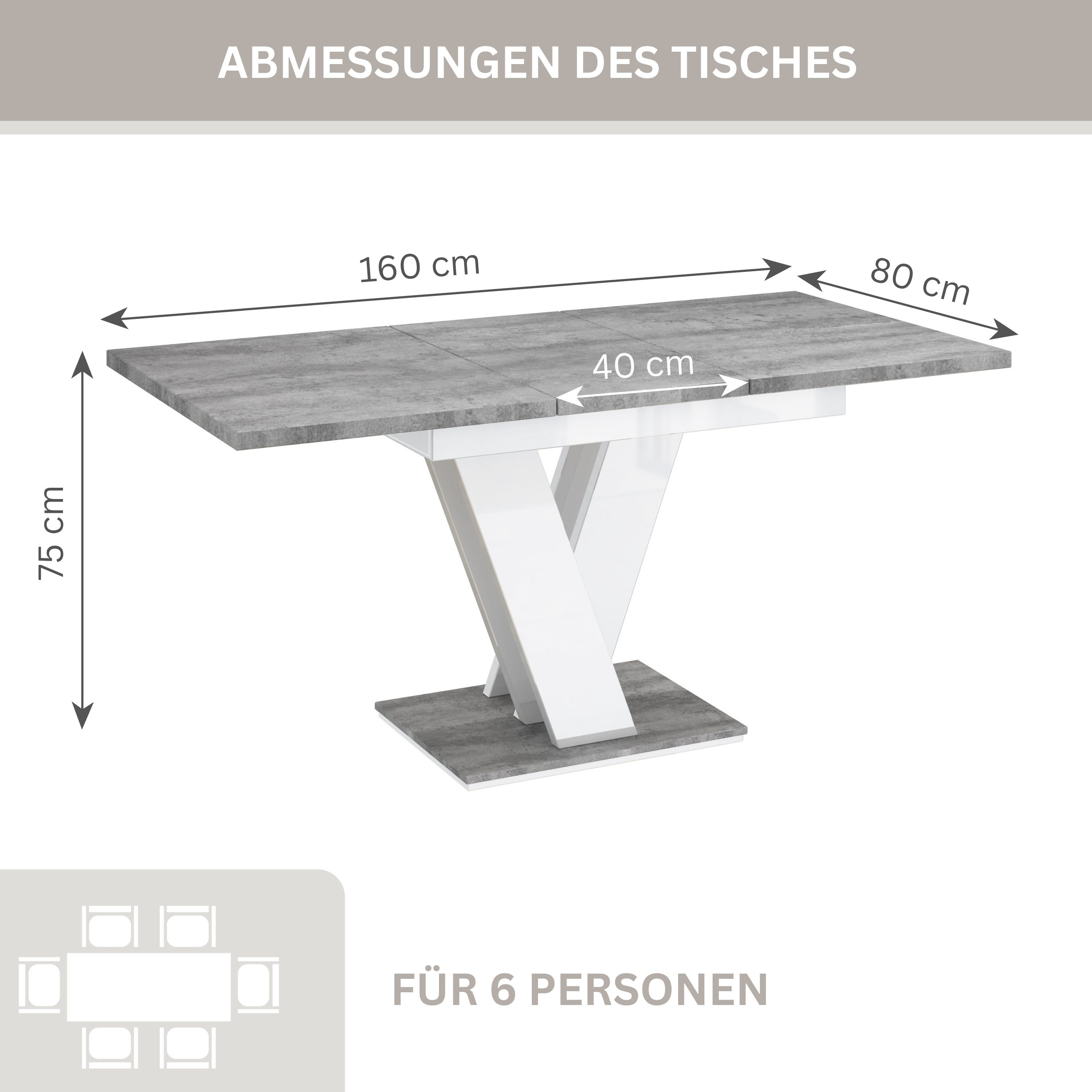 Home Collective Esstisch ausziehbar Tisch Küchentisch Esszimmertisch Ausziehtisch (Esszimmer Küche Wohnzimmer Esstisch erweiterbar), modernes Design mit V-Gestell, 120-160x80 cm Steingrau