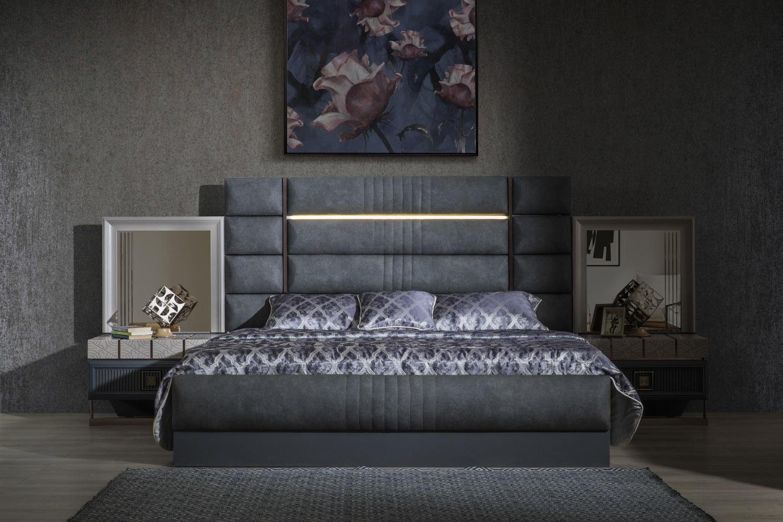 JVmoebel Schlafzimmer-Set Bett 4tlg Luxus Schlafzimmer Grau (4-St) Moderne Garnitur Set Doppelbett Neu