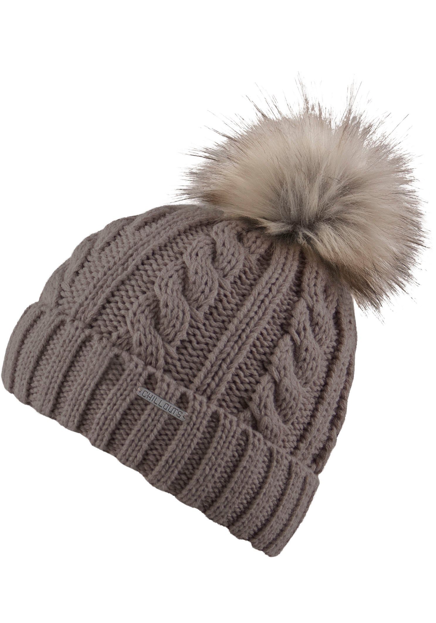 chillouts Bommelmütze Joan Hat Mit Fake-Fur Pom Pom, Zopfmuster walnut