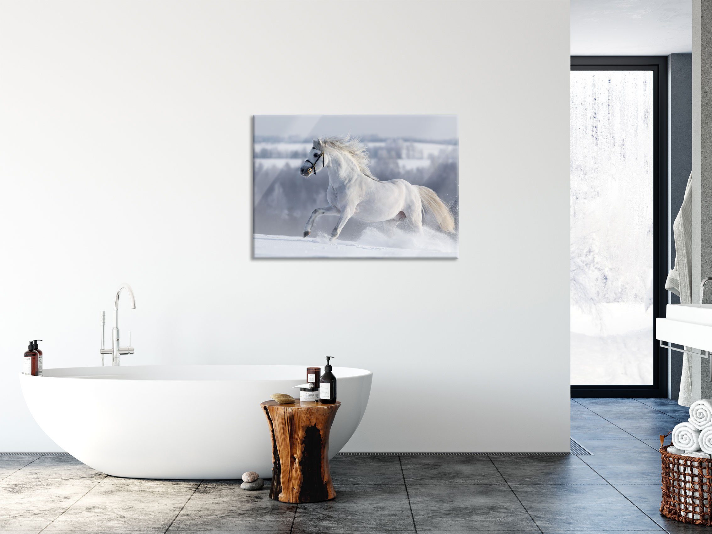 Pferd inkl. St), auf Aufhängungen Weißes aus Weißes Echtglas, (1 Pixxprint Schneewiese, Pferd Glasbild Schneewiese und Abstandshalter Glasbild auf