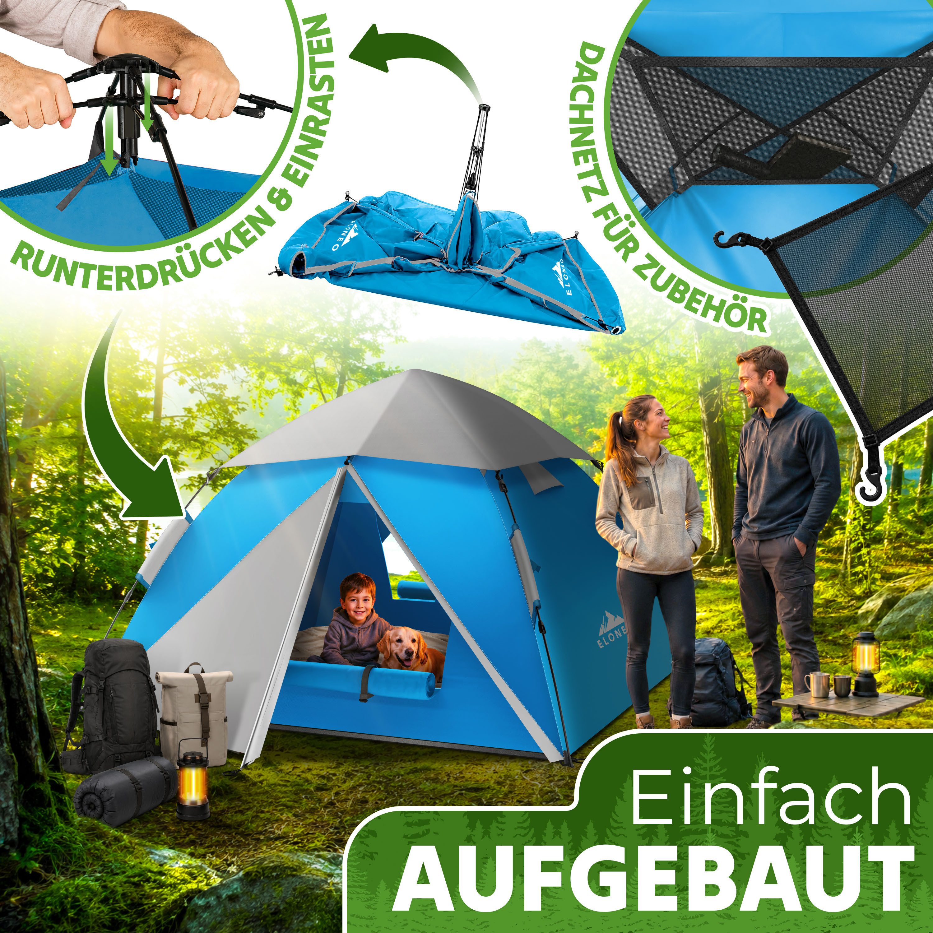 ELONEO Wurfzelt ELONEO Wurfzelt 245x225x150 cm – Pop-Up Campingzelt für 2–4 Personen, Personen: 4, Regendicht, Schnelle Einrichtung, UV-Schutz, Winddicht