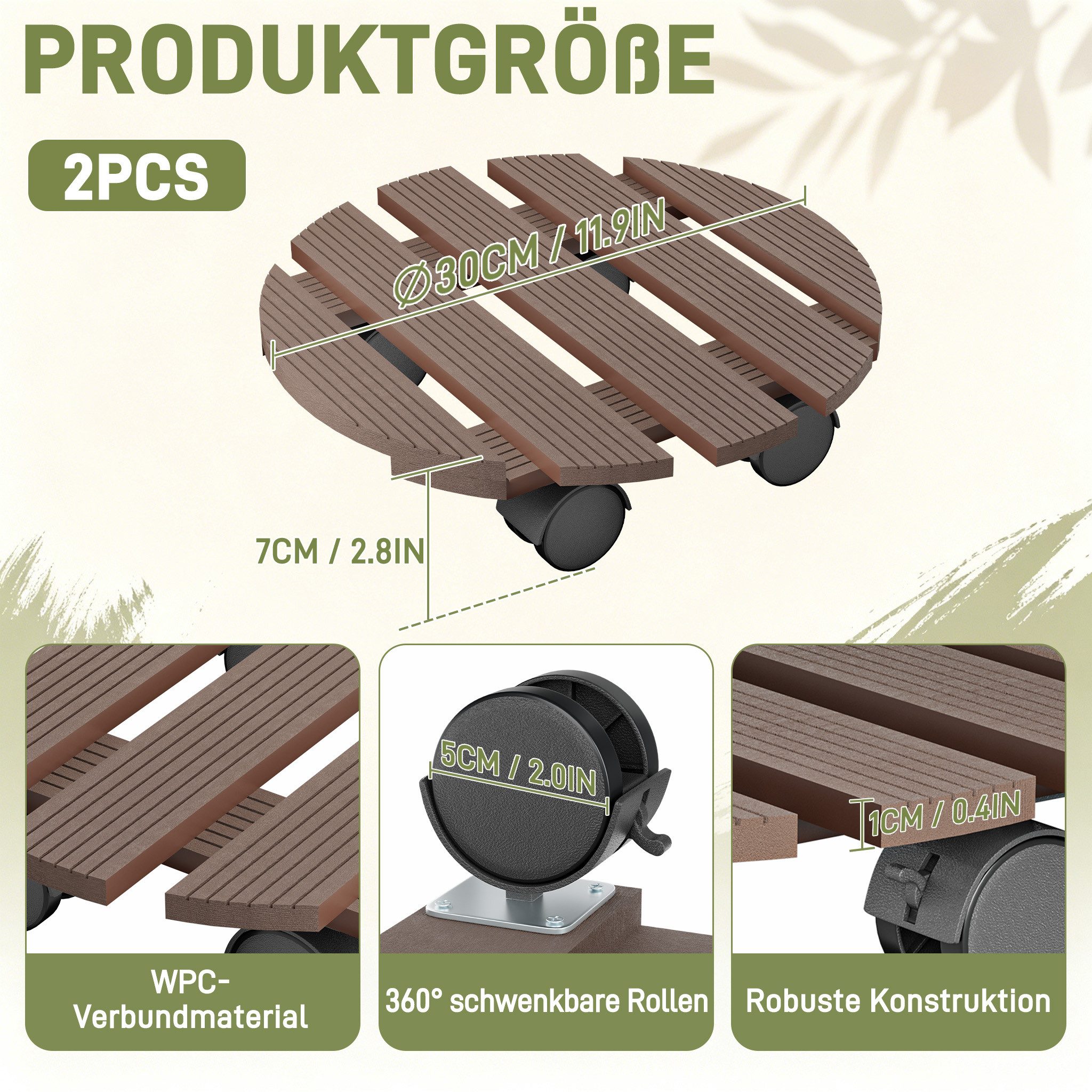 FIVMEN (88BEE8F9F2) Pflanzenroller WPC- Rund Pflanzenwagen Tragkraft 100 kg Blumenwagen 30 x 30 cm – Bild 2 von 5
