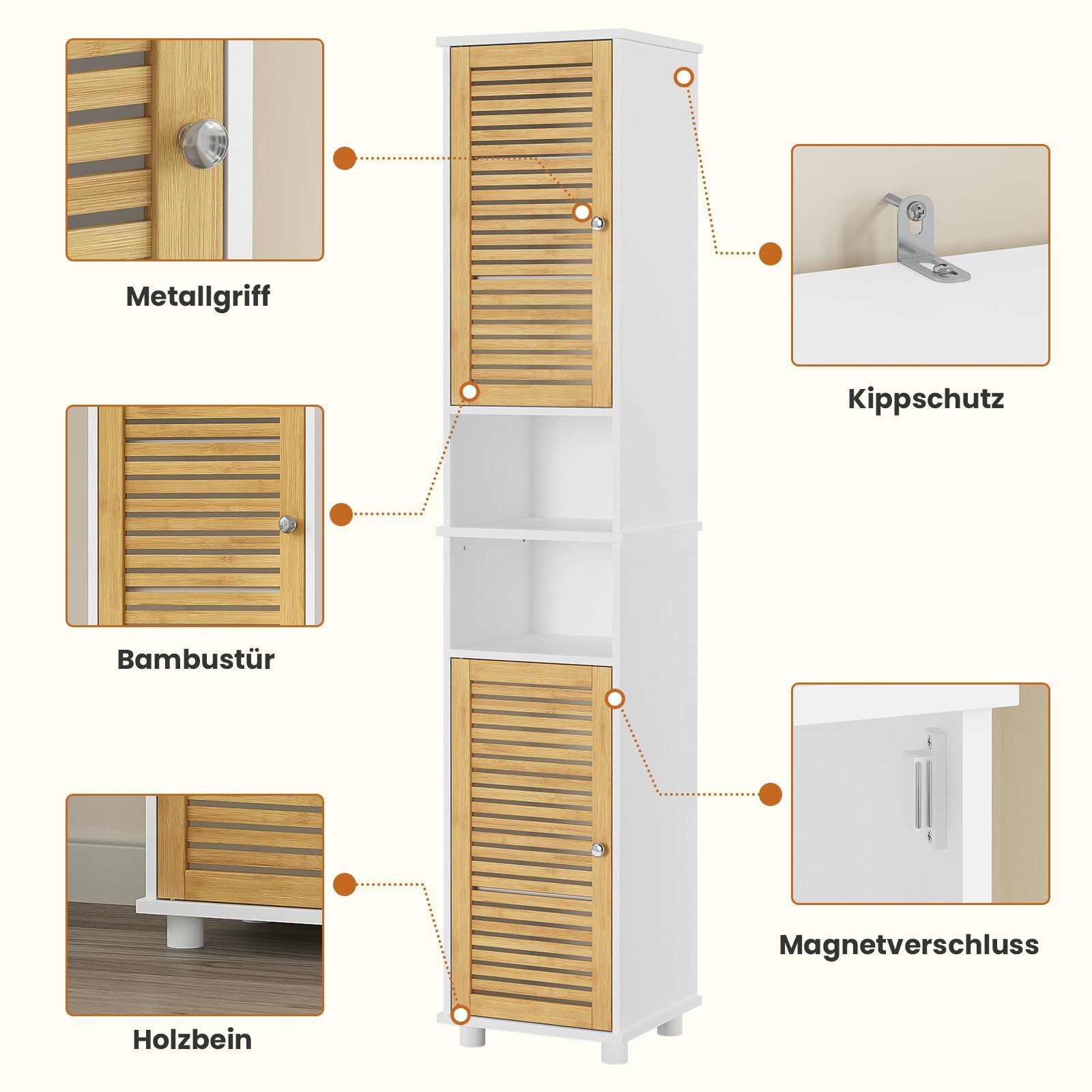 MSMASK Hochschrank Badezimmerschrank Standschrank mit 2 offenen Regalen und 2 Bambustüren 30 × 32 × 190 cm
