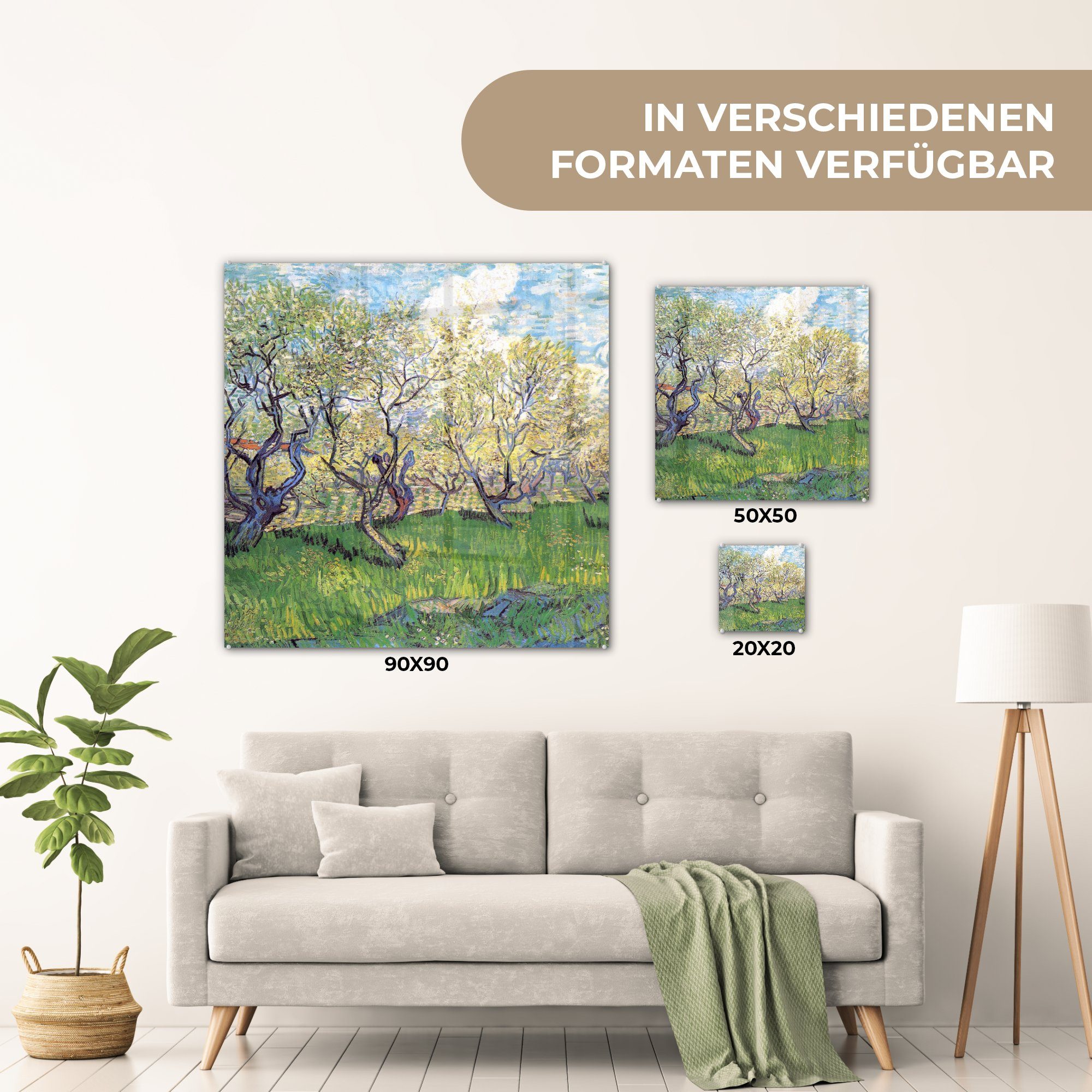 von - Obstgarten (1 - Vincent mit - Glas MuchoWow blühenden Gogh, - van Acrylglasbild auf auf Pflaumen Glas Wanddekoration Foto Wandbild St), Glasbilder Gemälde Bilder