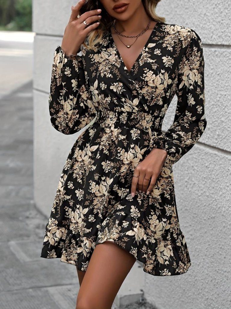 Midikleid Blumen Wickelkleid mit langen Ärmeln und Gürtel Taille