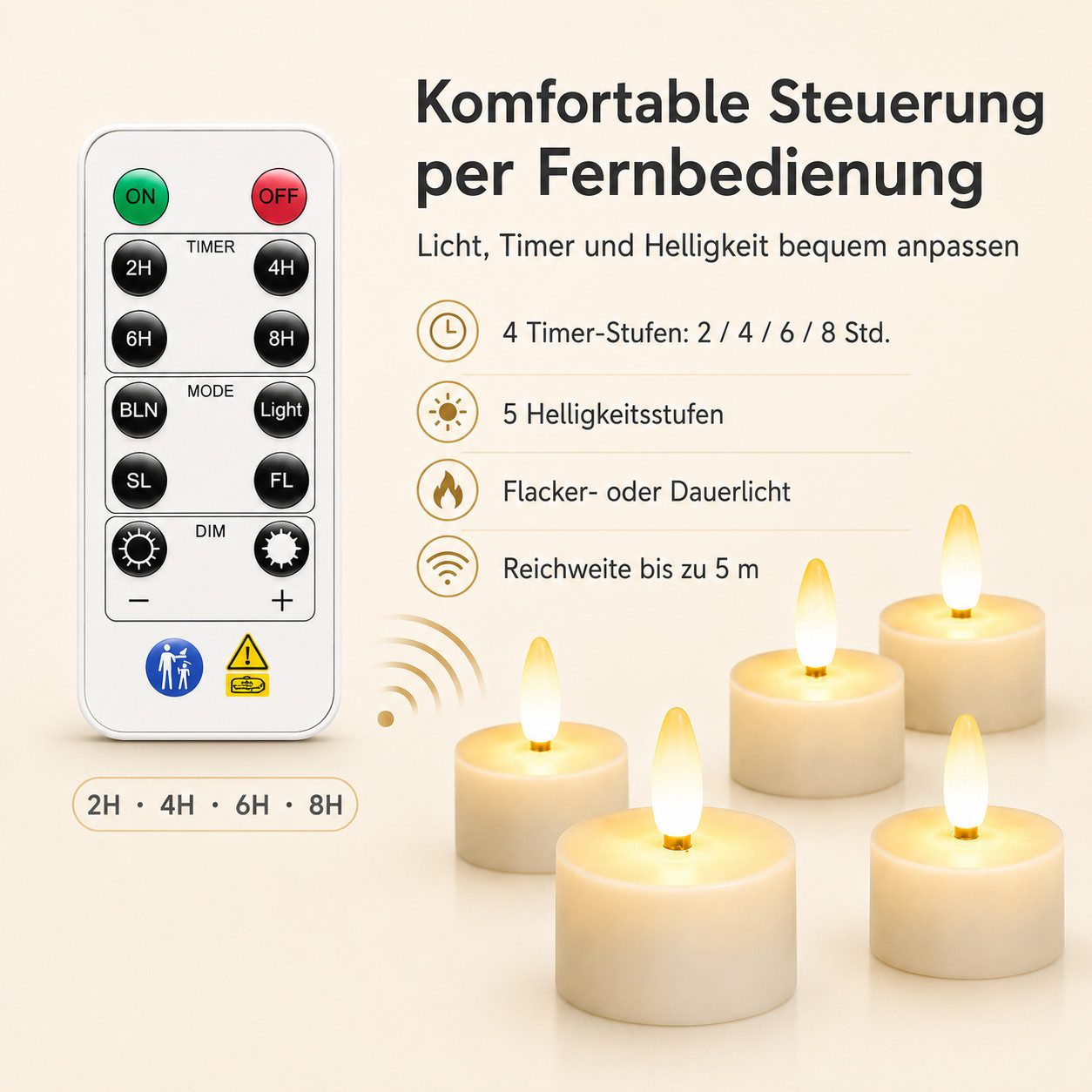 Tekoo LED-Kerze LED Teelichter mit Ladestation, 6er Set mit Fernbedienung & Timer (Set, 6-teiliges Set), USB-C Aufladung, Überladeschutz, 12-Tasten Fernbedienung