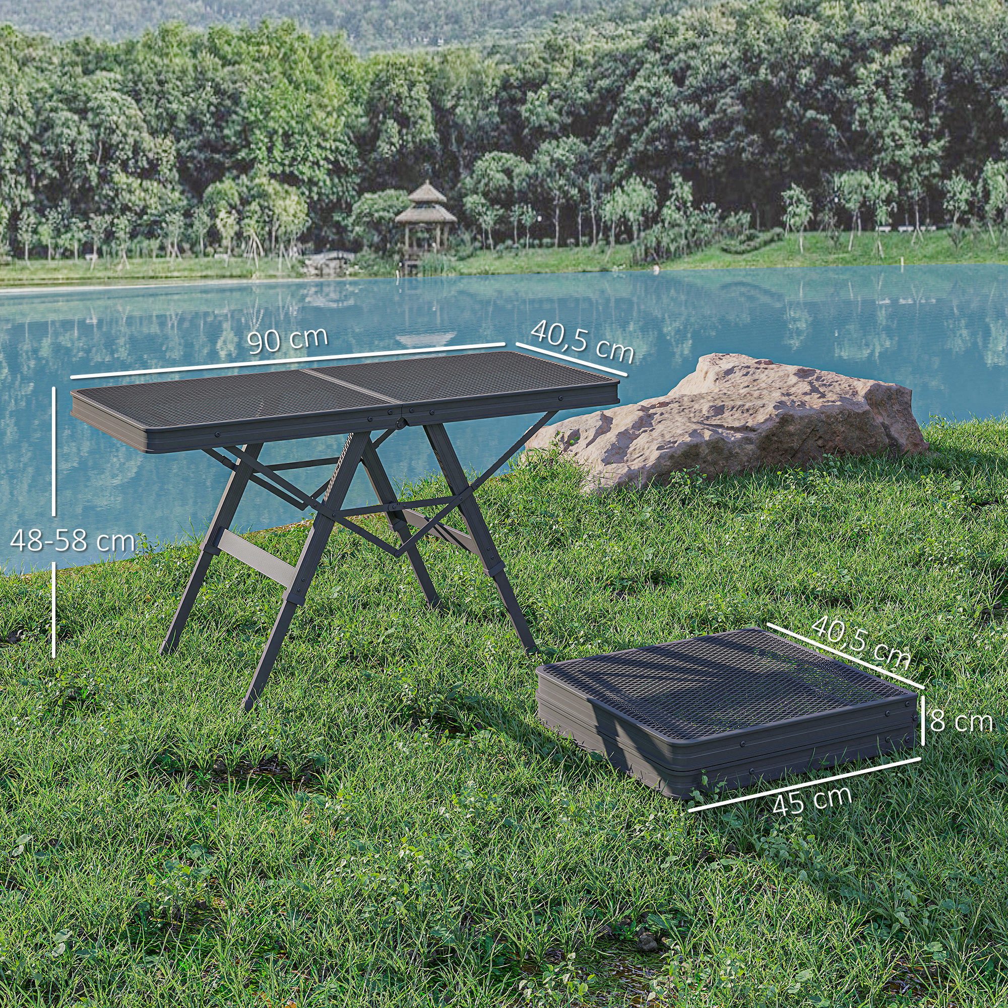 Outsunny Campingtisch mit Metallgitter (höhenverstellbar Klapptisch, 1-St., klappbar Gartentisch aus Aluminium), für Garten, Balkon, Camping, 90 x 40,5cm Schwarz