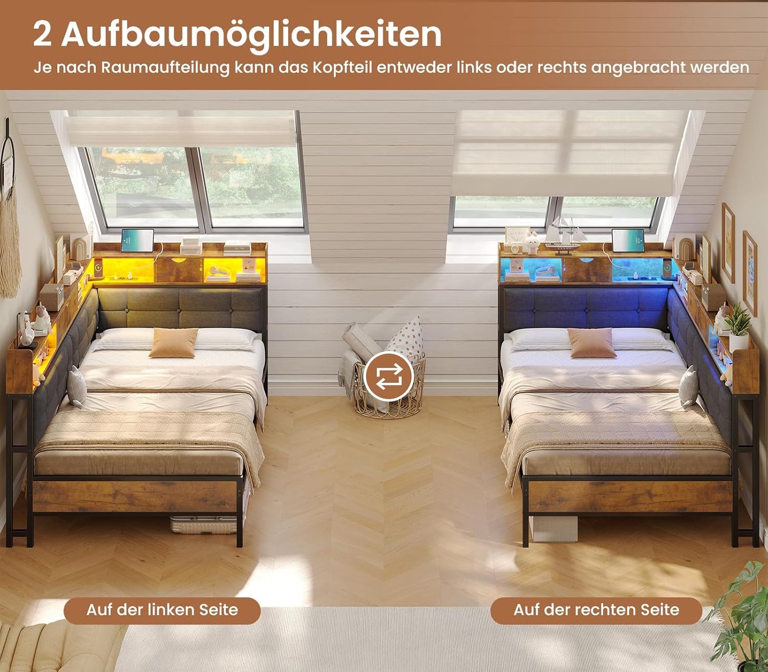 MSMASK Daybett Polsterbett Jugendbett mit LED-Beleuchtung und USB-Ladestation, Bettgestell mit Lattenrost aus Metall, 90 x 200 cm – Bild 4 von 5