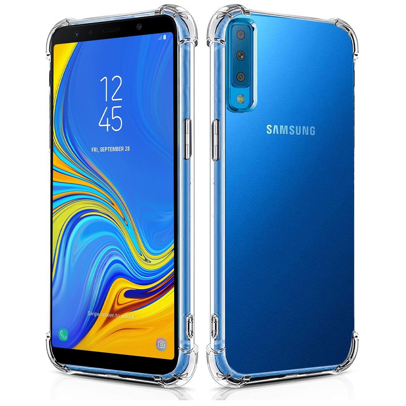 CoolGadget Handyhülle Transparent als 2in1 Schutz Cover Set für das Samsung Galaxy A7 2018 6 Zoll, 2x Glas Display Schutz Folie + 1x TPU Case Hülle für Galaxy A7 2018
