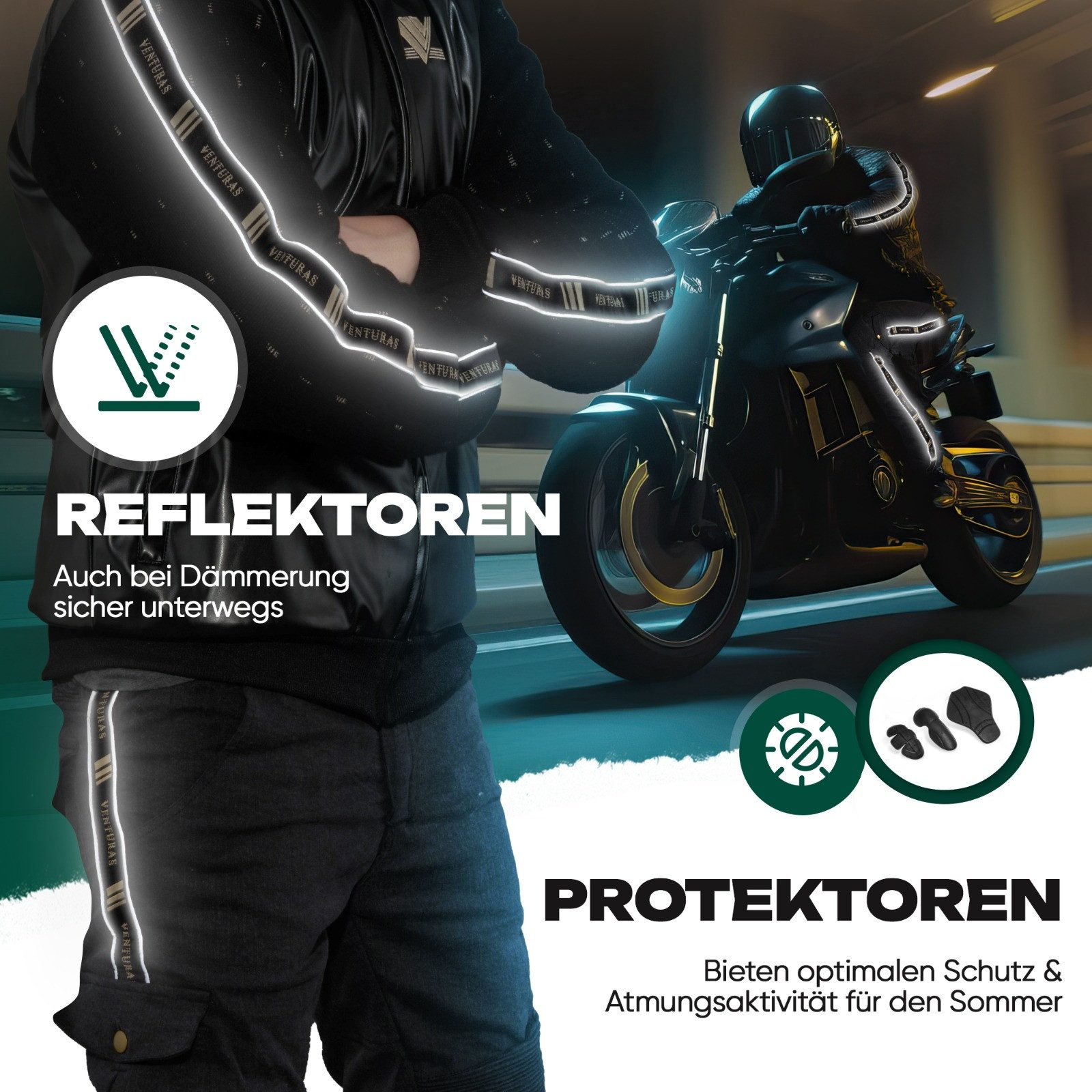 Venturas Motorradjacke 100 % Kevlar, 5 Schutzprotektoren, auch für Freizeit schwarz & weiß 100% hochwertiges Kevlar, 5 Schutzprotektoren, reflektierend bei Nacht
